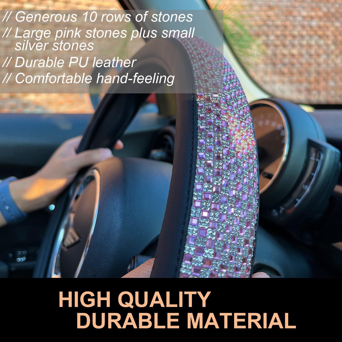 Universal Bling Bling Comfy Steering Wheel Cover with Jumbo Crystal Rhinestones, Anti-Slip Diamond Leather, 14.5-15 Inch