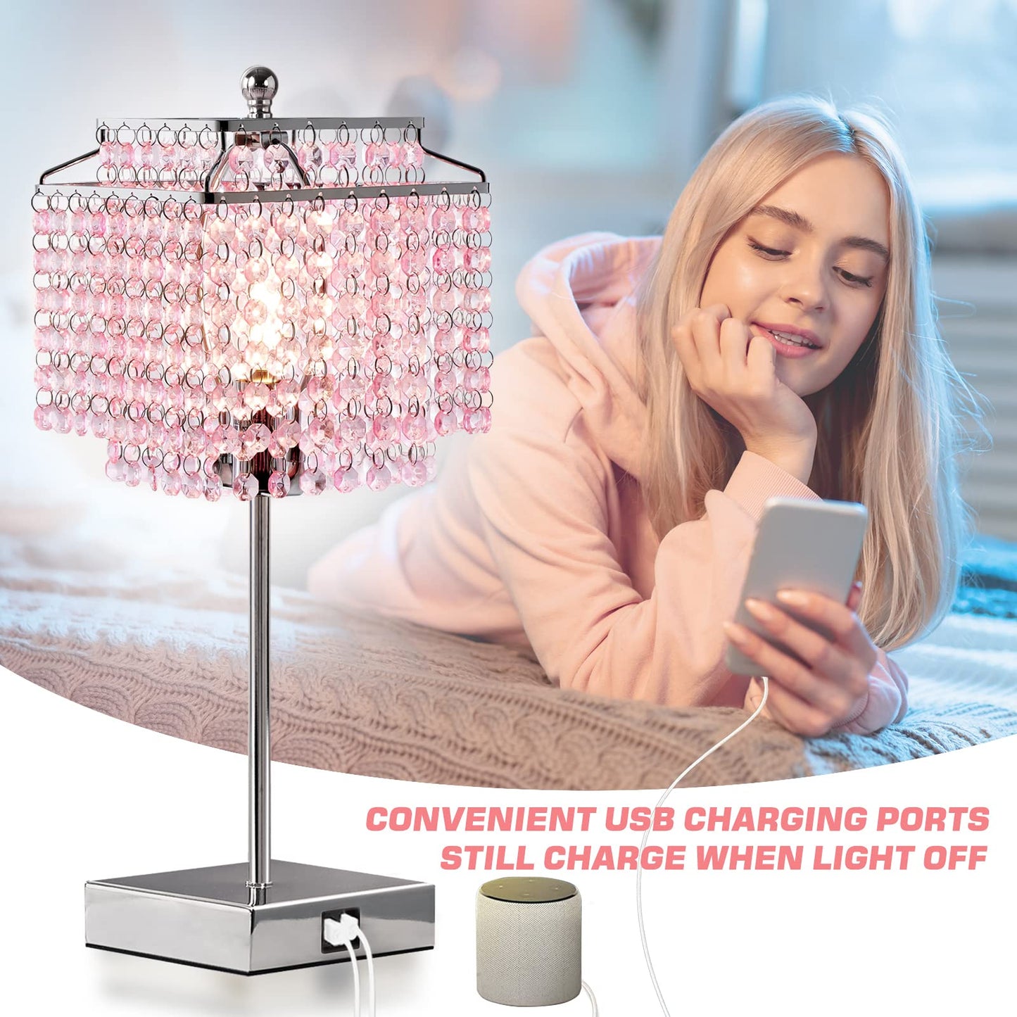 Luvkczc Set of 2 Bedside Pink Crystal Table Lamp, Touch Control Crystal Lamp, 3-Way Dimmable Lamp with Crystal Shade for Bedroom, Girl Living Room, 6W B11 Bulb Included