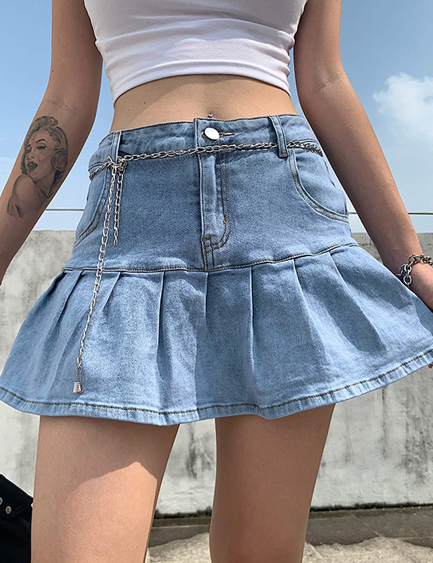 Women's Pleated Jean Skirt Casual - A-Line Ruffle Y2K Mini Denim