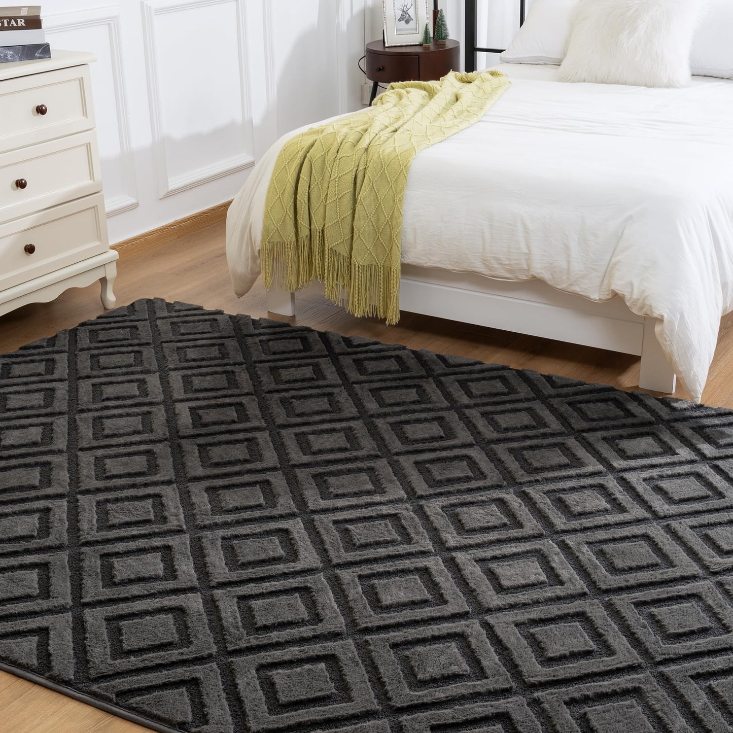 Geometric Memory Foam Rugs - Fluffy Checkered Shaggy Area Rug, Non-Slip Washable Modern Indoor Carpet