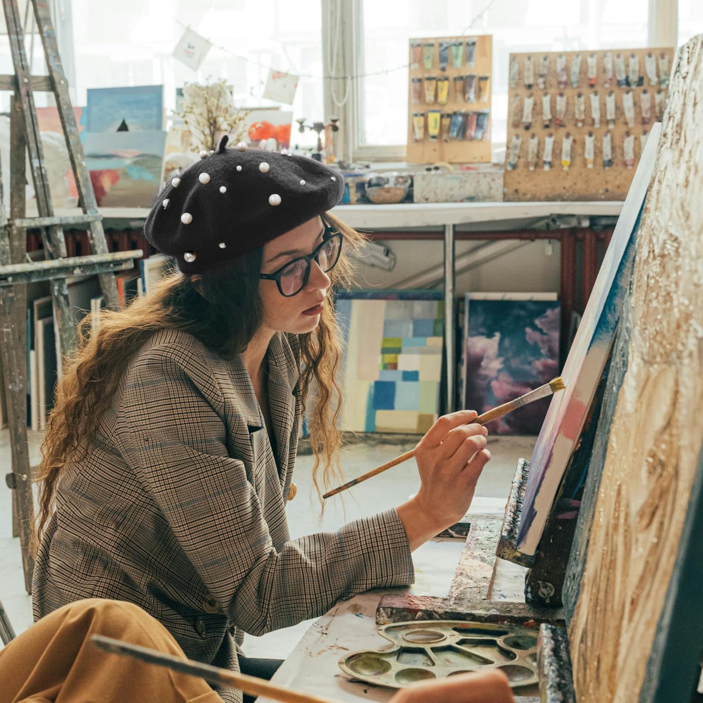 Women Pearl Beret Cap