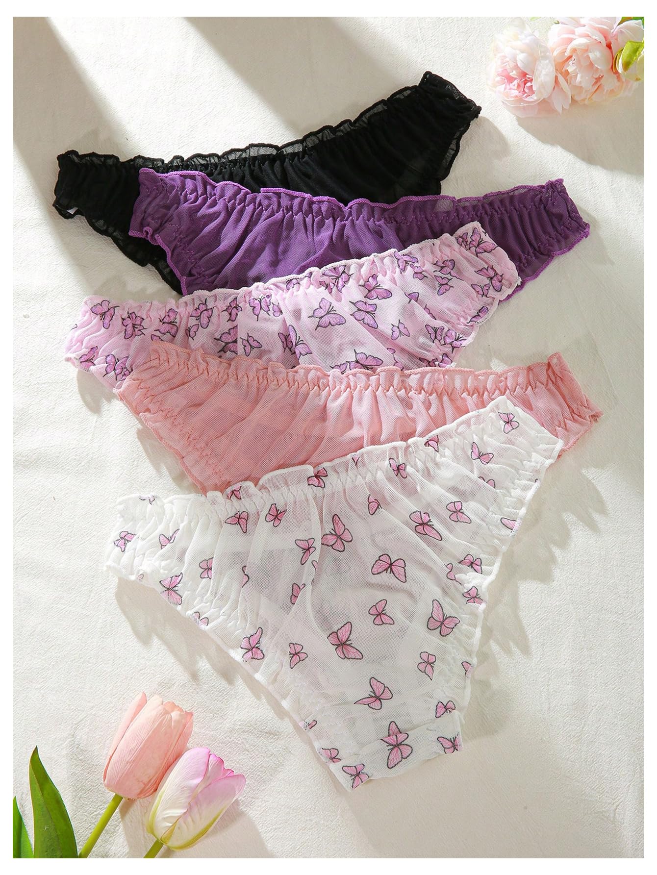 Women's 5pack Floral Print Low Rise Panty Set Frill Trim Textured Soft Underwear