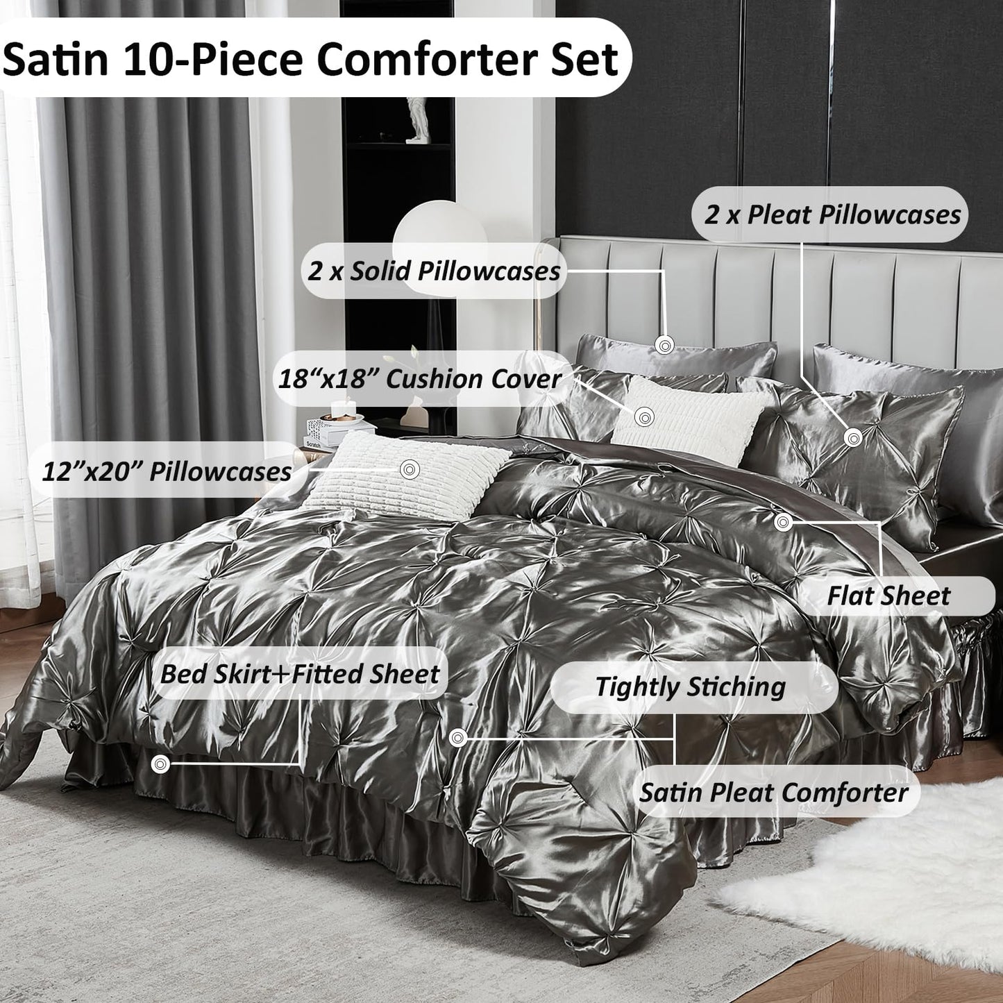 Pinch Pleat Bedding Set - Pin-tuck Luxury Bed Comforter Set 10 Pcs, Soft Silky Down Comforter Bed Set Satin with Sheets