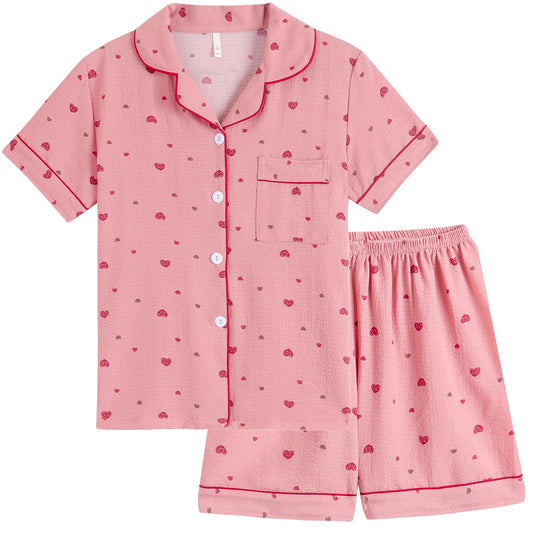 Girls Button Down Sleepwear Short Sleeve With Shorts 2PCS Pajama Sets