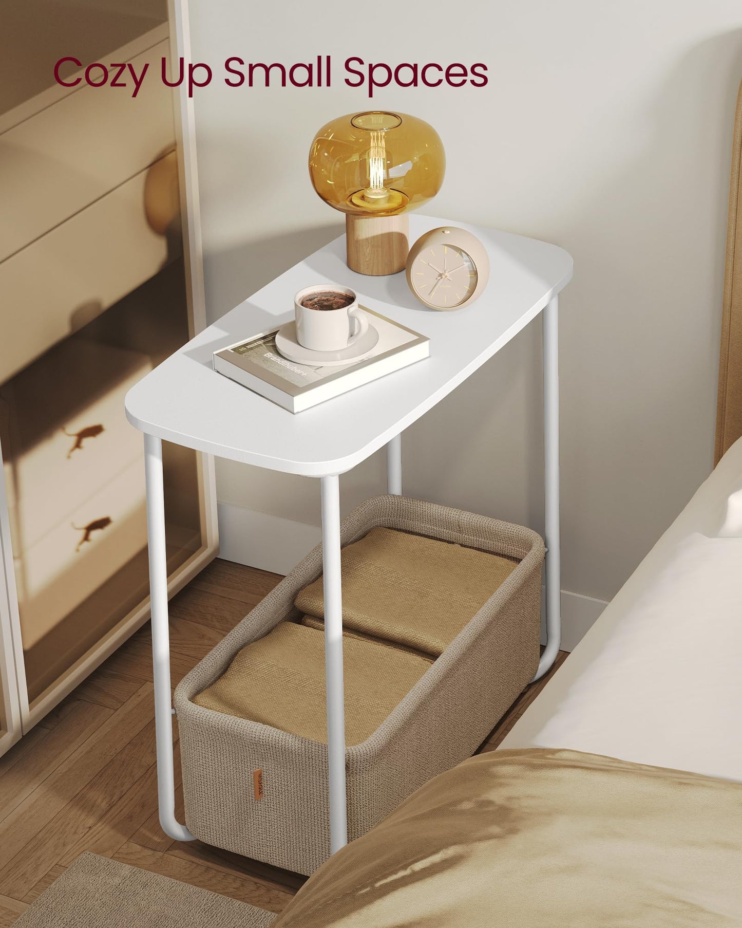 Small Bedside Table with Fabric Basket, Modern Nightstand, Round Side Table