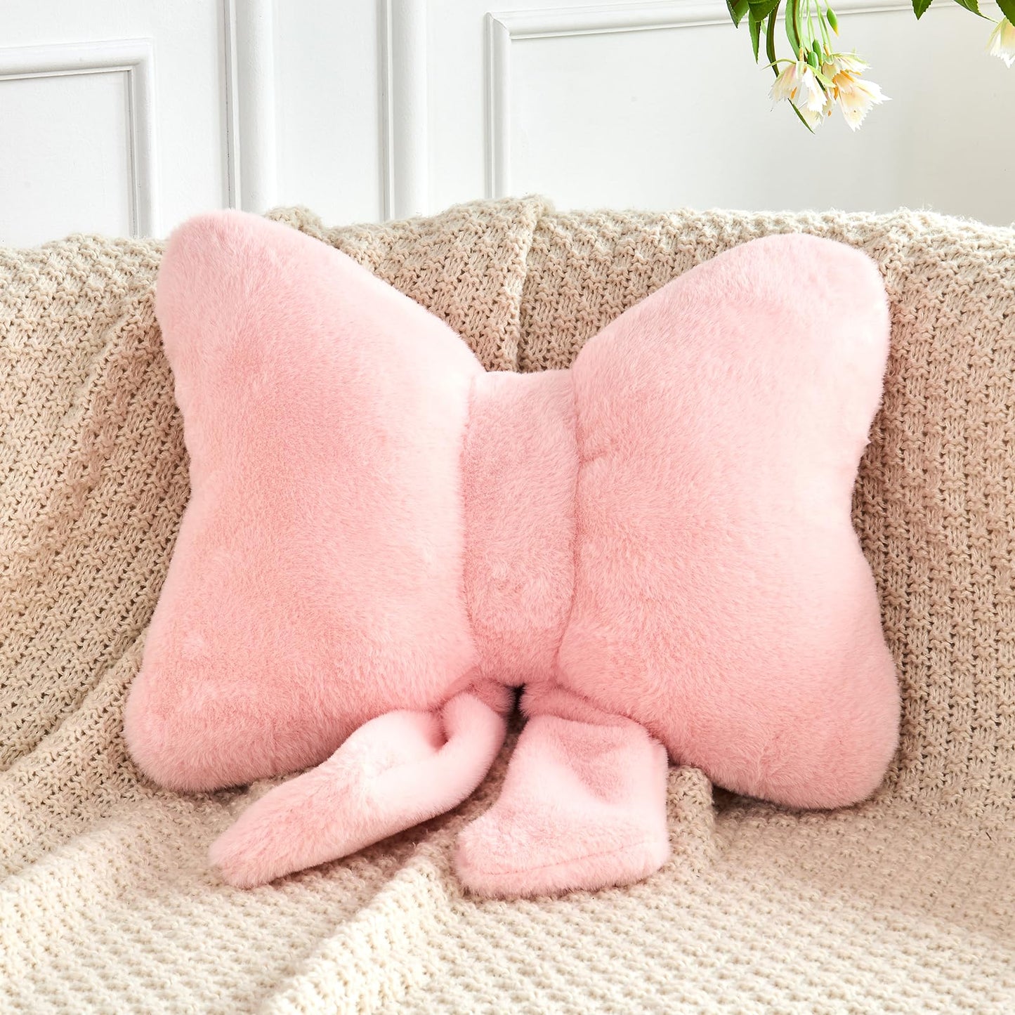 Bow Pillow, Soft Bow Decorative Pillows with Faux Rabbit Fur