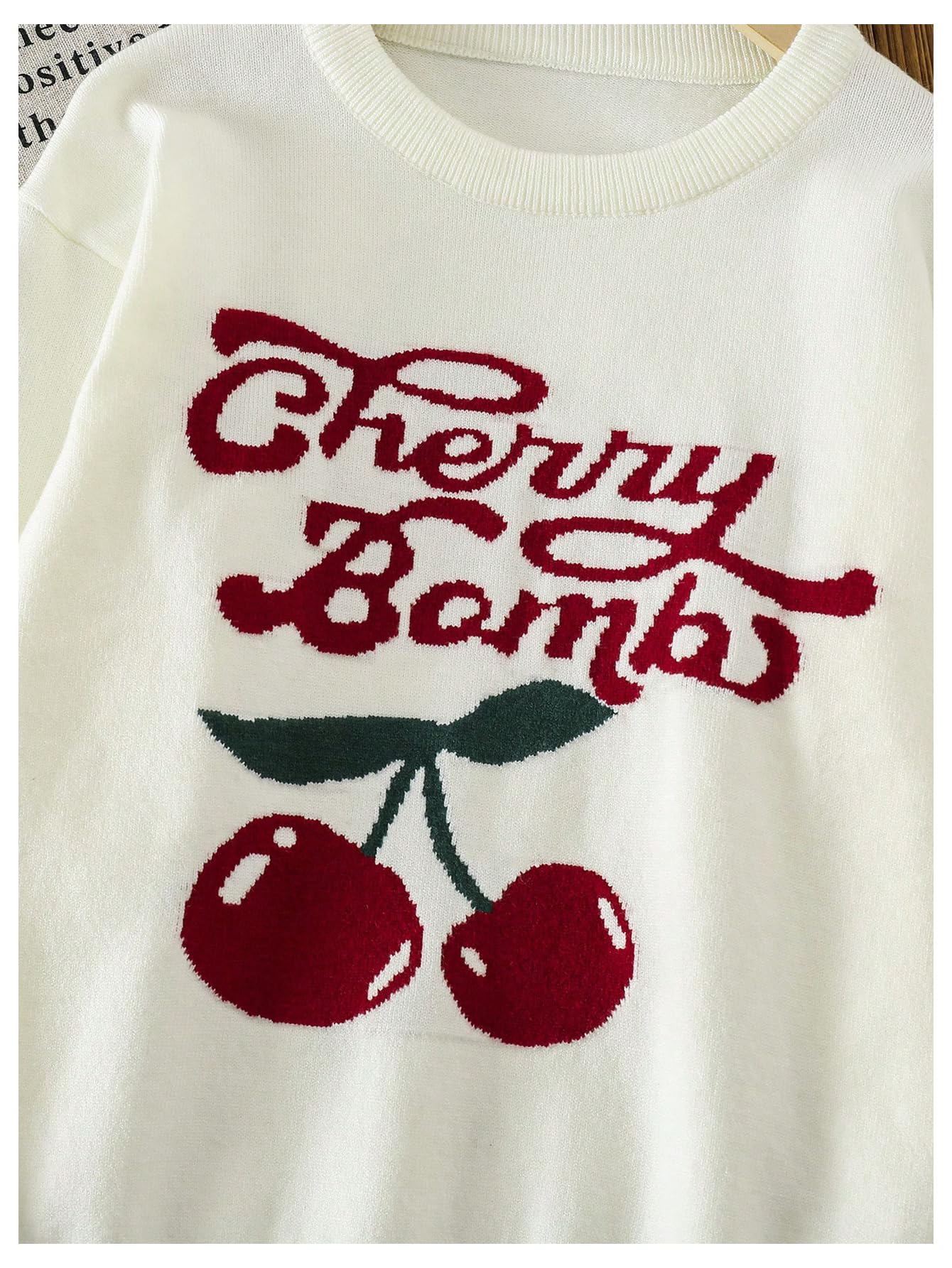 Girl's Cherry Pattern Knit Sweater Long Sleeve Crewneck Loose Pullover Tops