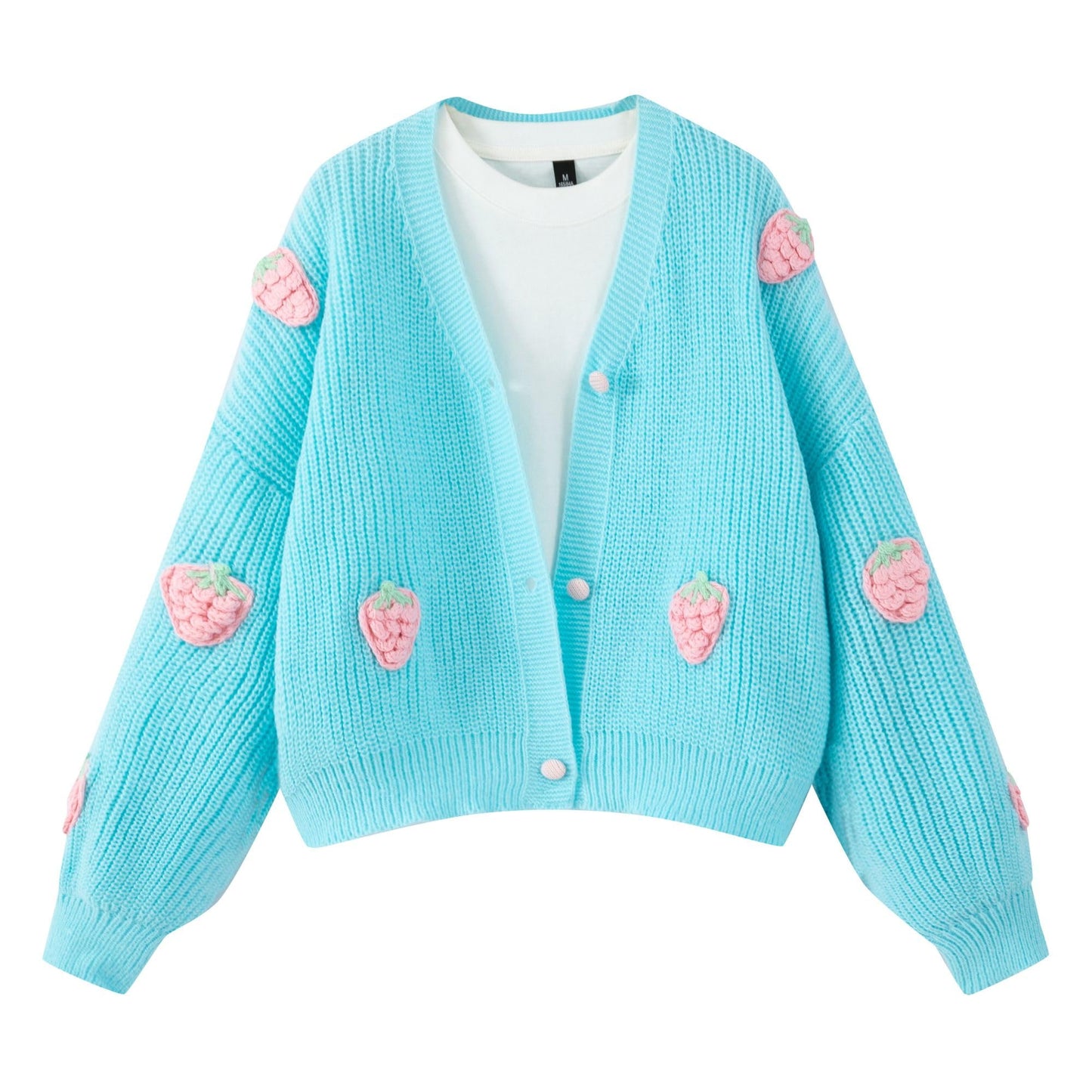 Women’s Kawaii Strawberry Embroidered Cardigan Long Sleeve V Neck Chunky Knitted Cardigans