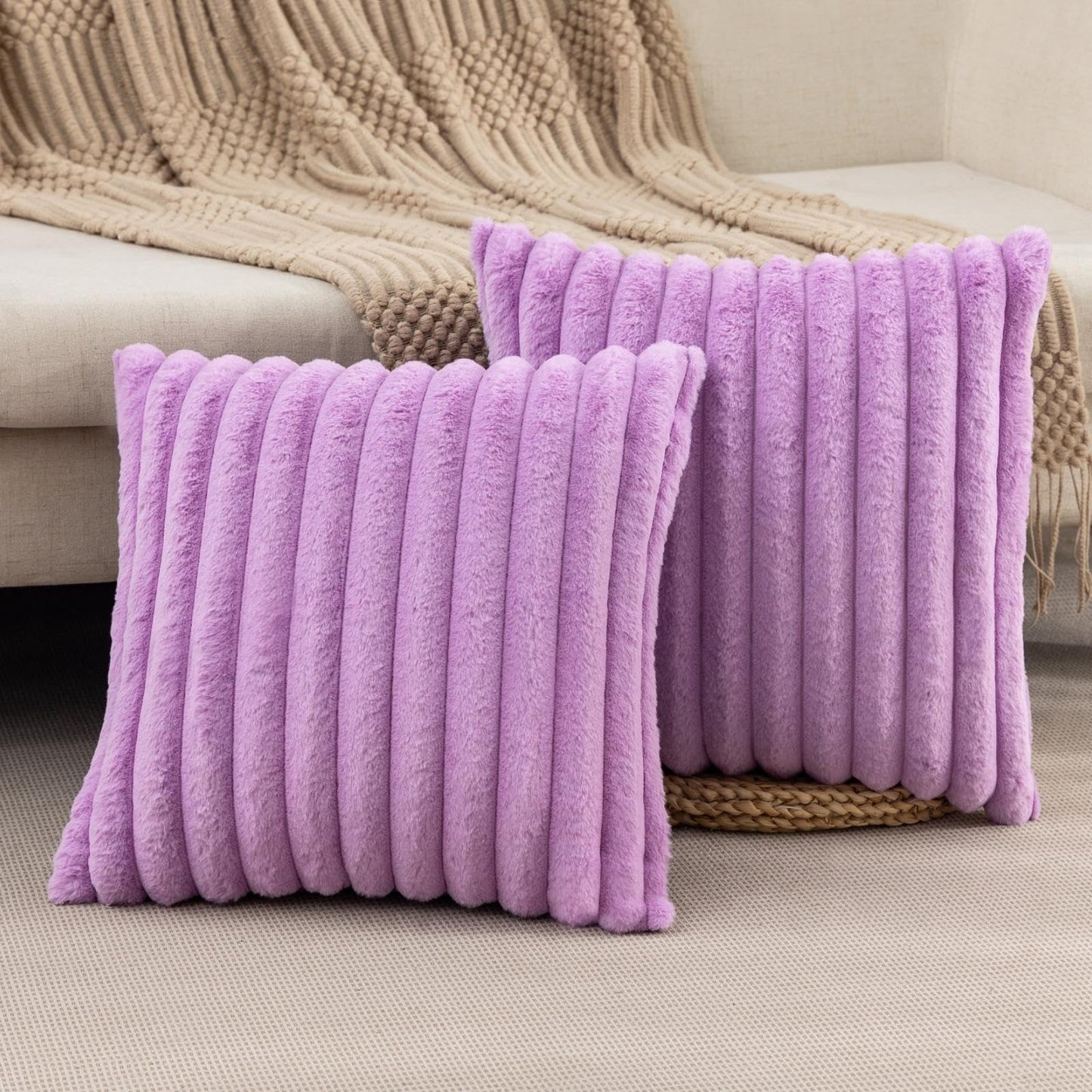 Set of 2 Fluffy Faux Fur Striped Pillow Covers – Decorative Cushion Cases