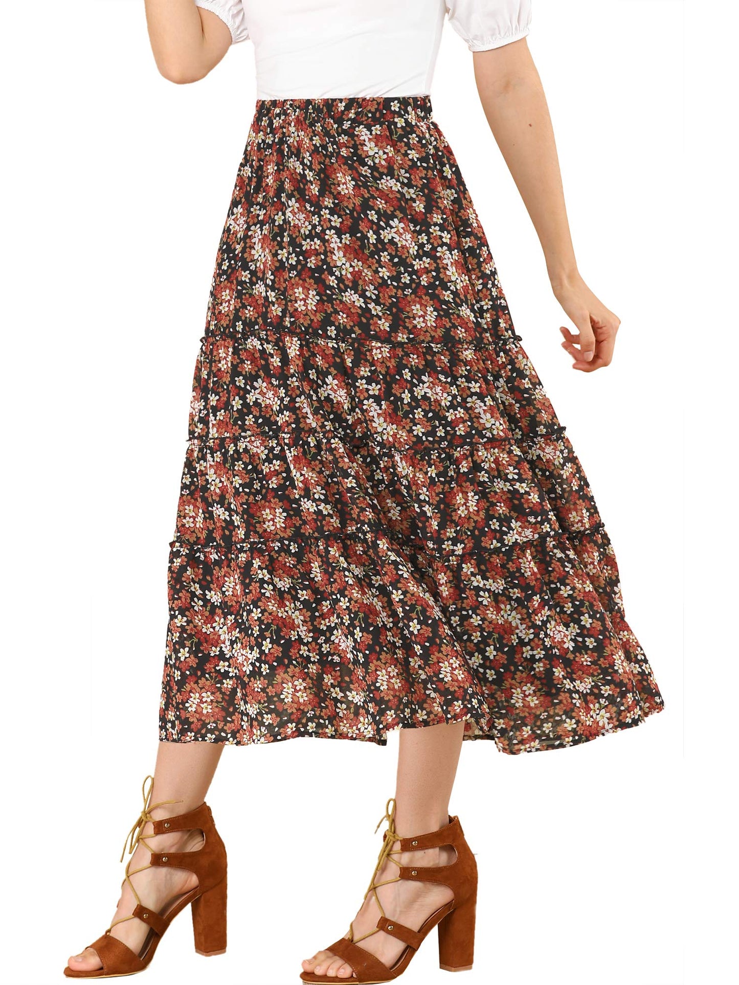 K Women's Floral Skirt Chiffon A-line Long Tiered Ruffle Boho