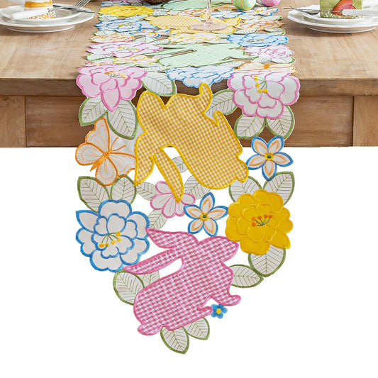 Cutwork Embroidered Plaid Easter Rabbits Florals Table Runners, Placements Dining Home Table Decorations