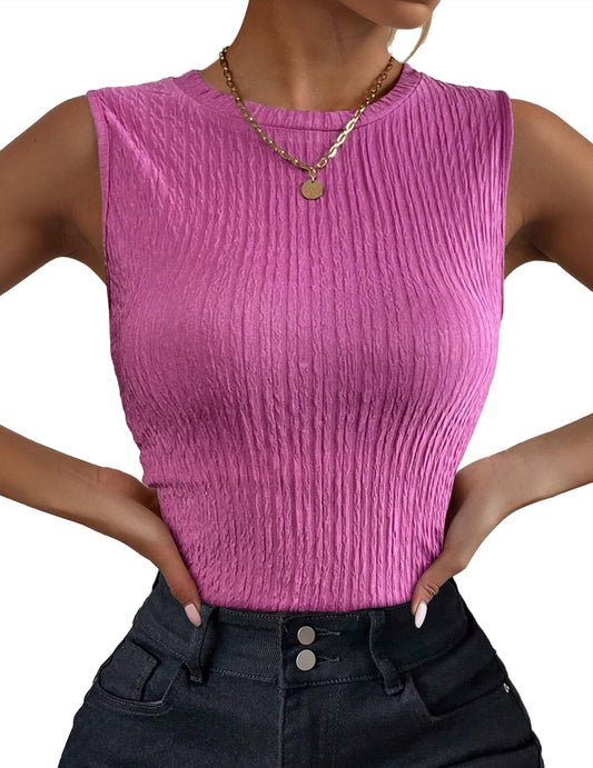 Women's High Neck Tank Top Ribbed Knit Slim Fitted Basic Textured Sleeveless Shirts