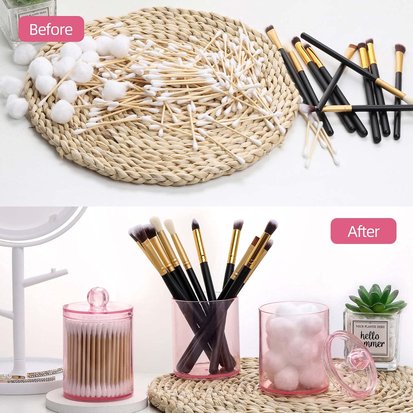 Pink Apothecary Jar – Q-Tips Holder & Cotton Swab Dispenser for Bathroom Storage