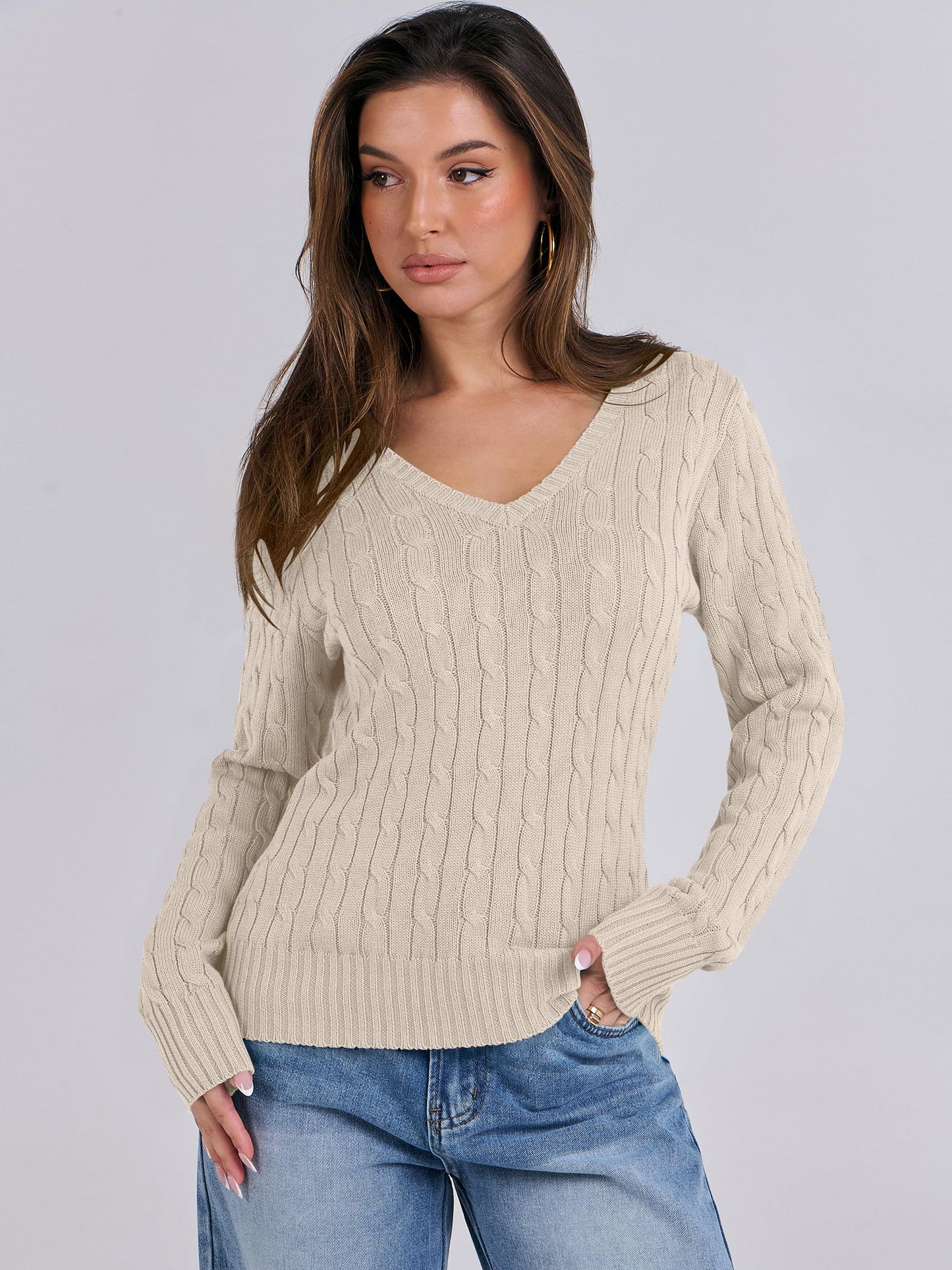 Women's Long Sleeve V Neck Cable Knit Sweater Jumper