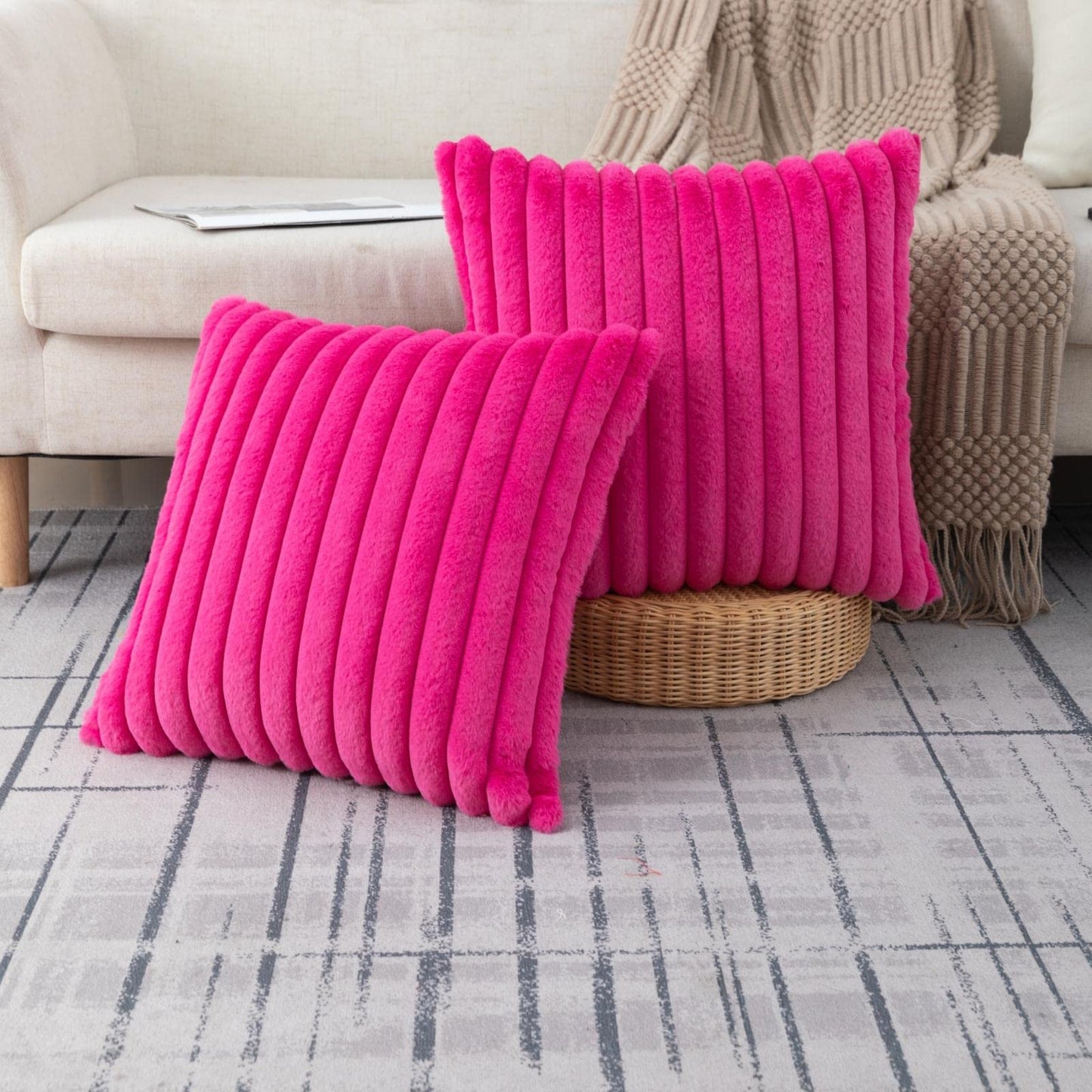 Set of 2 Fluffy Faux Fur Striped Pillow Covers – Decorative Cushion Cases