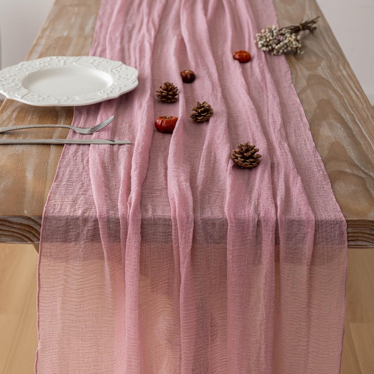 Keketo Blush Pink Table Runner Cheese Cloth Rustic Gauze Cheesecloth Table Runner 120 Inch 10 FT for Wedding Baby Shower Bridal Shower Party Sheer Boho Spring Easter Home Decorations