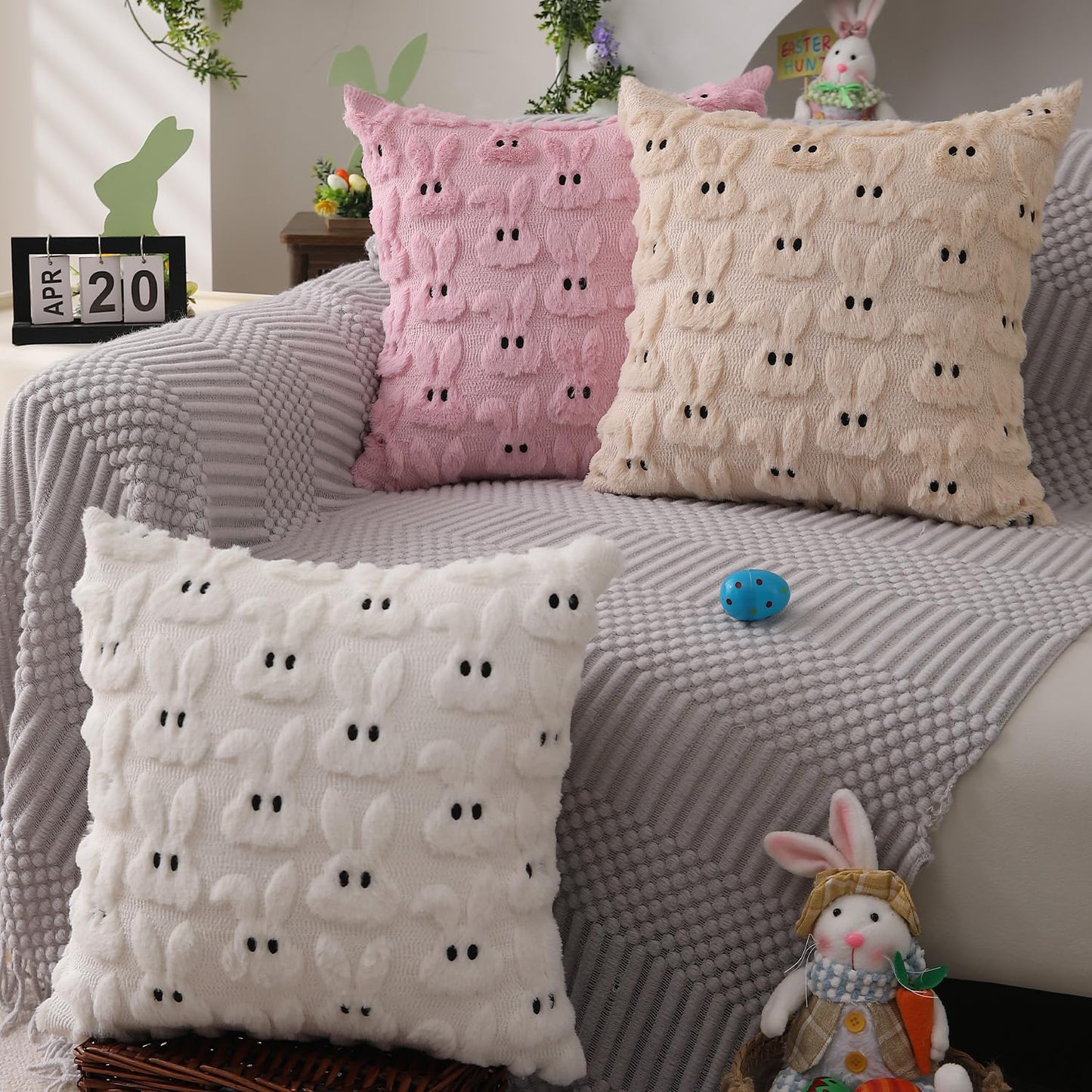 Easter Bunny Pillow Covers | Set of 2 Easter Soft Plush Faux Fur Jacquard Throw Pillows