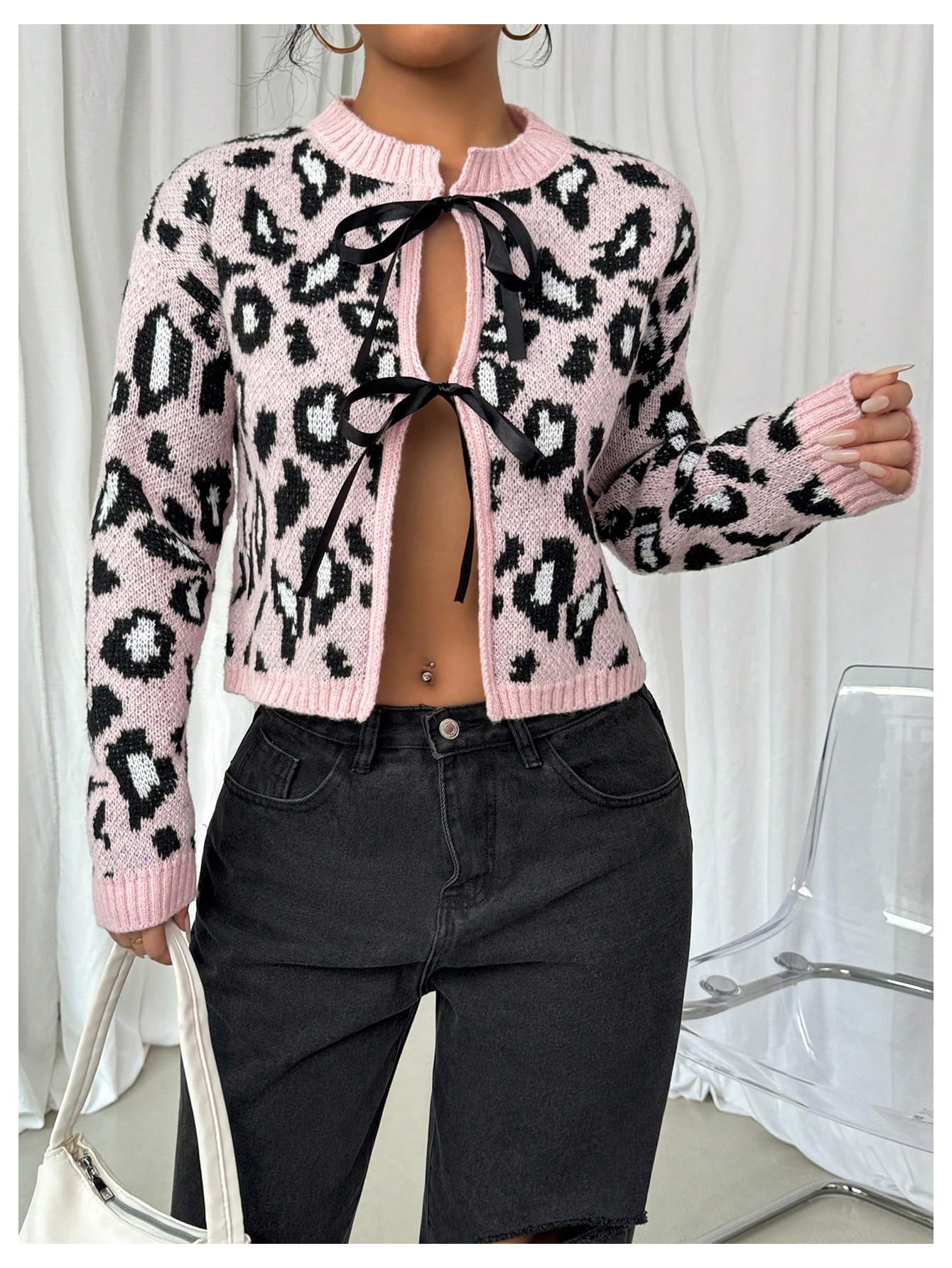 Women's Leopard Pattern Knot Front Cardigan Long Sleeve Round Neck Sweater