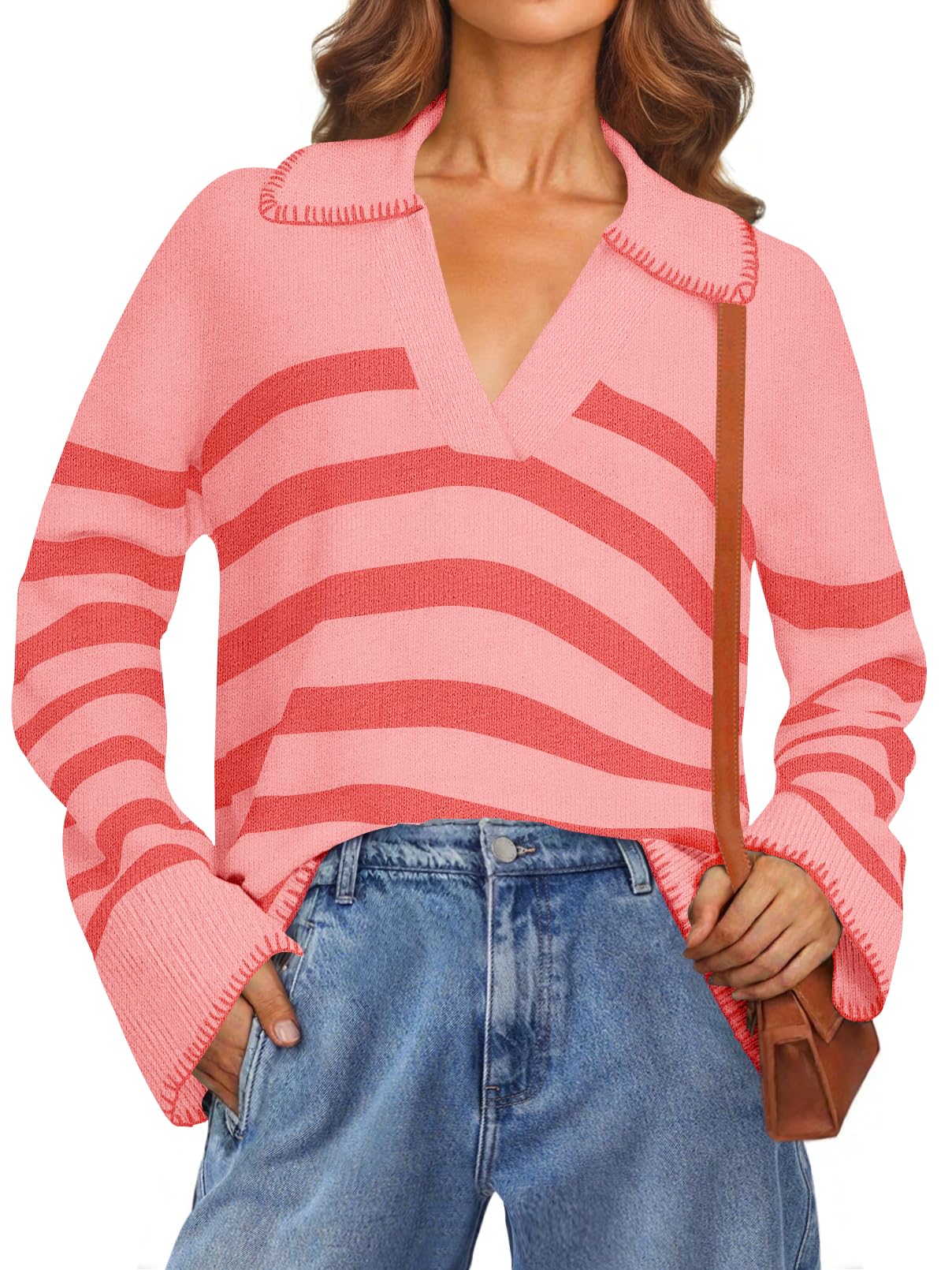 Women's Oversized Striped Sweater Collared V Neck Long Sleeve Knit Pullover