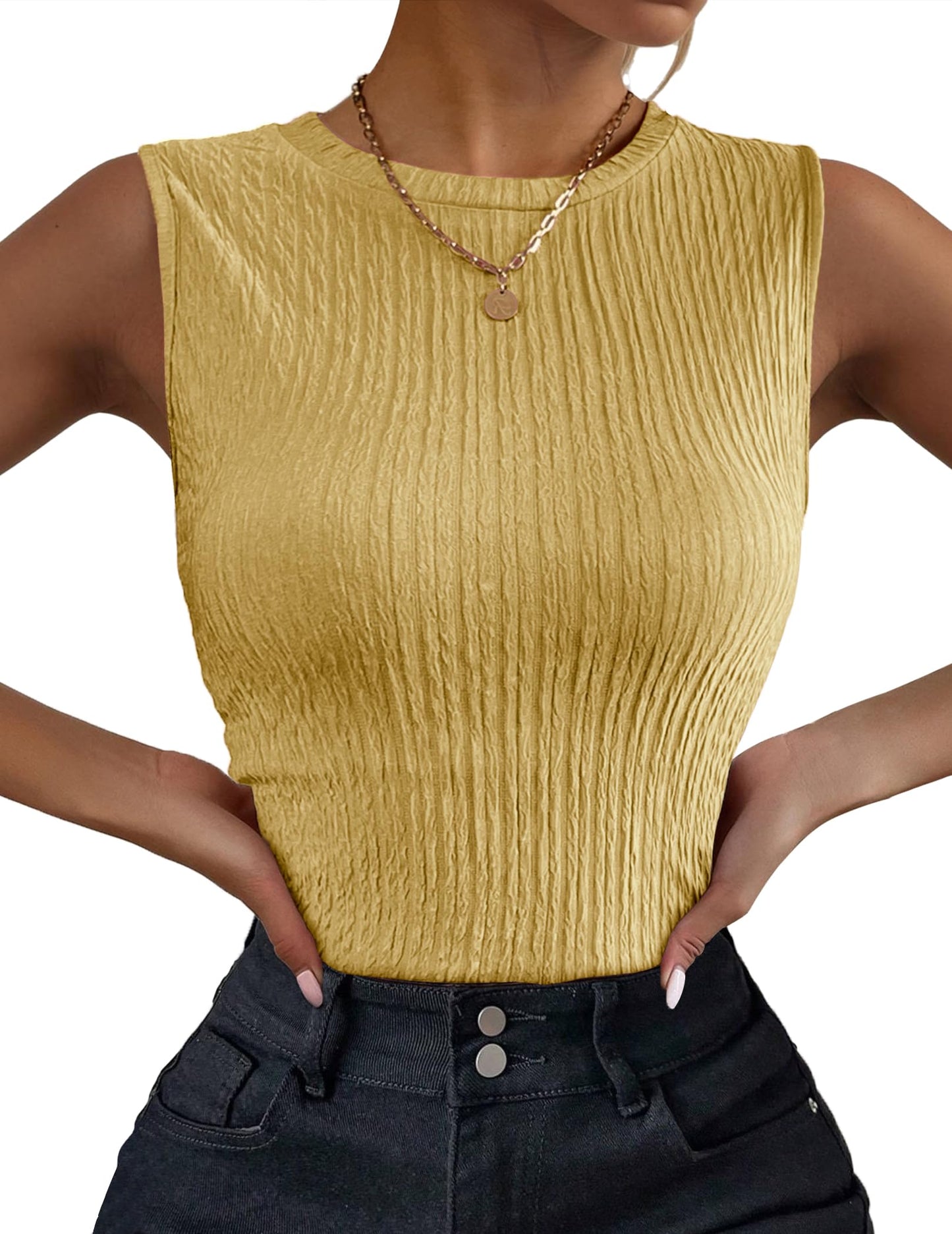 Women's High Neck Tank Top Ribbed Knit Slim Fitted Basic Textured Sleeveless Shirts