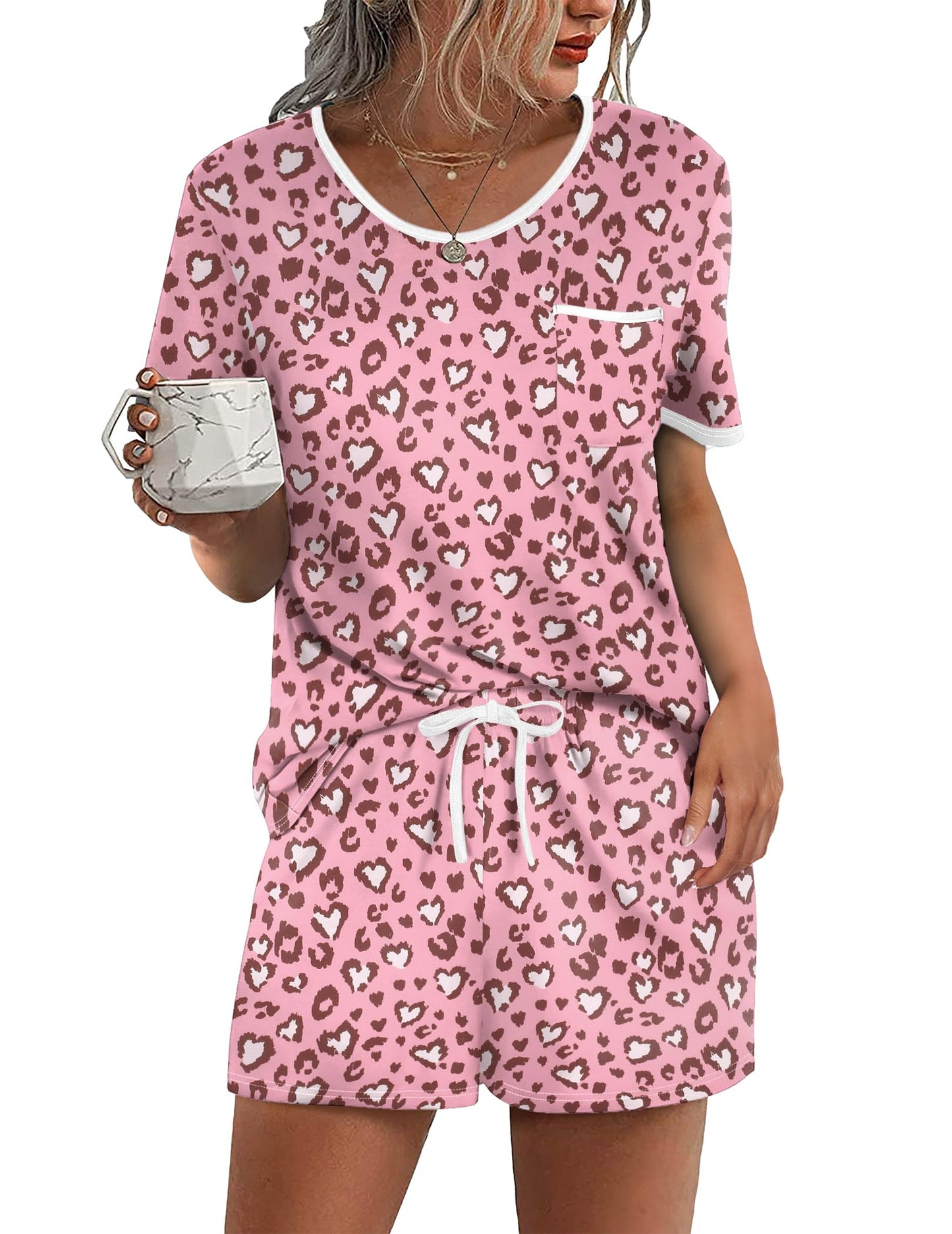 Pajama Set for 2 Piece Lounge Set Short Sleeve Tops and Shorts Soft Sleepwear, Chest Pocket