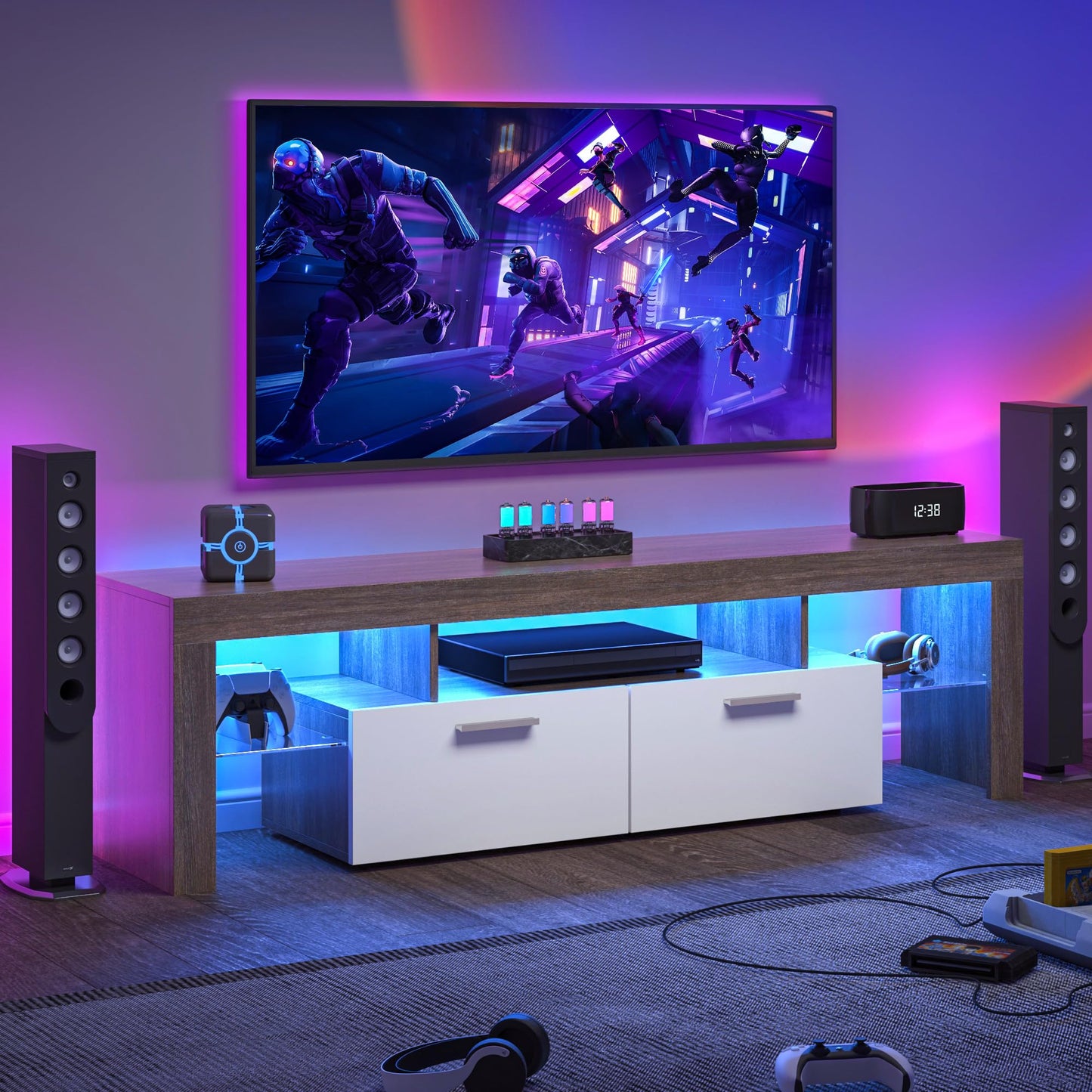 LED TV Stand with Large Storage Drawer -  Modern High Gloss TV Console Table with Entertainment Center