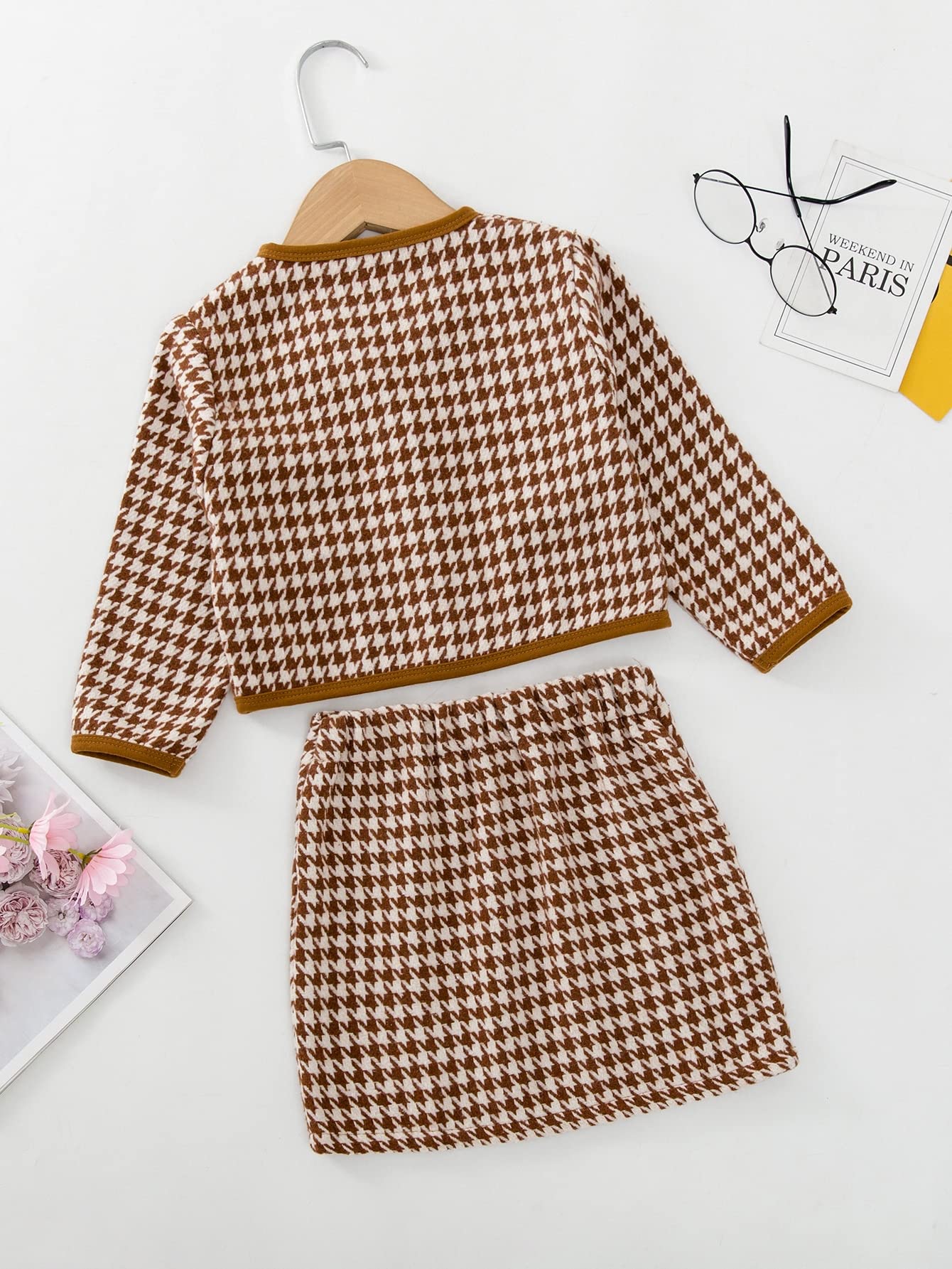 Girl's 2 Piece Houndstooth Button Front Long Sleeve Round Neck Jacket and Skirt Outfits Set