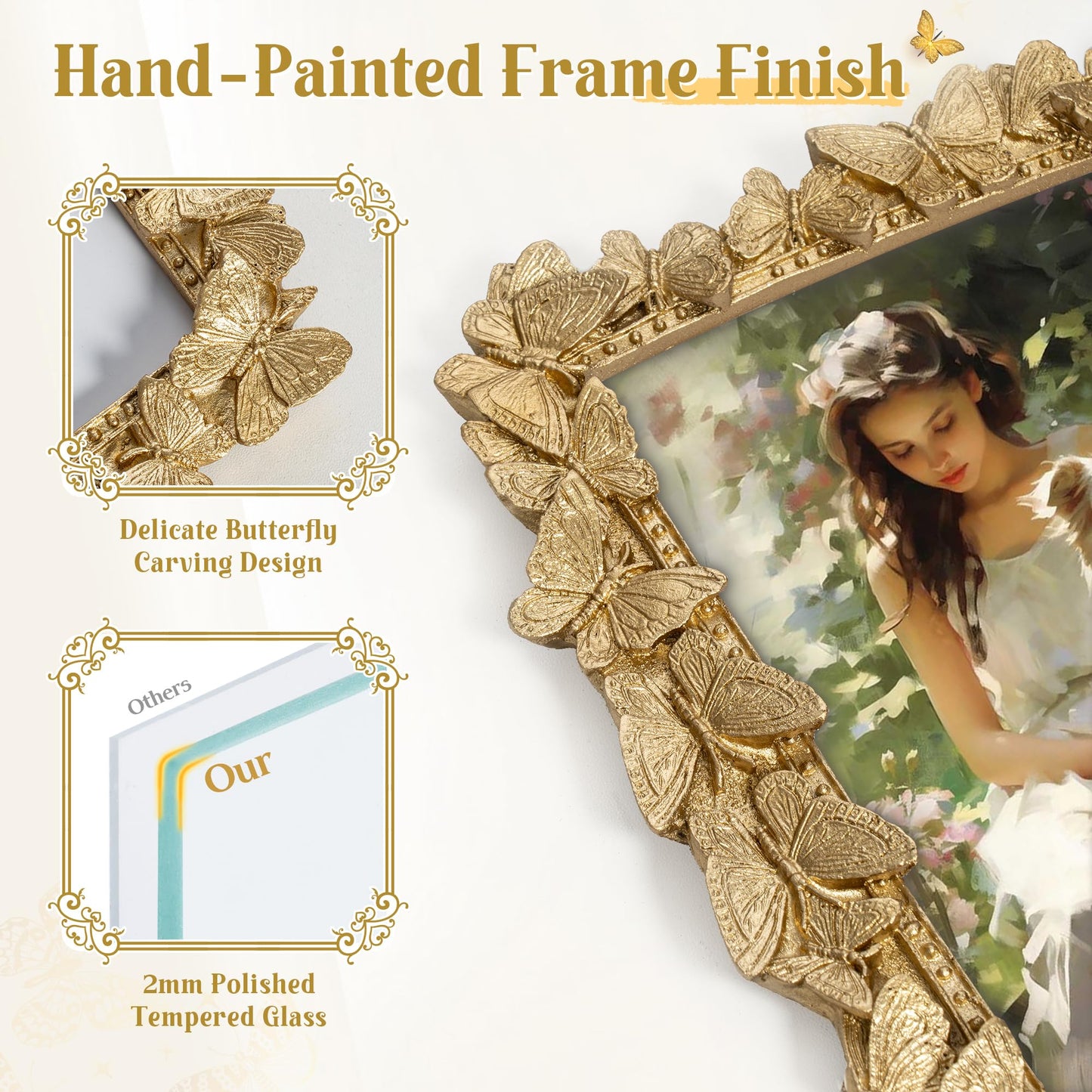 Picture Frame with High Tempered Glass, Butterfly Textured Hand-Crafted Resin Cute Photo Frame with Easel & Hook for Tabletop & Wall Display