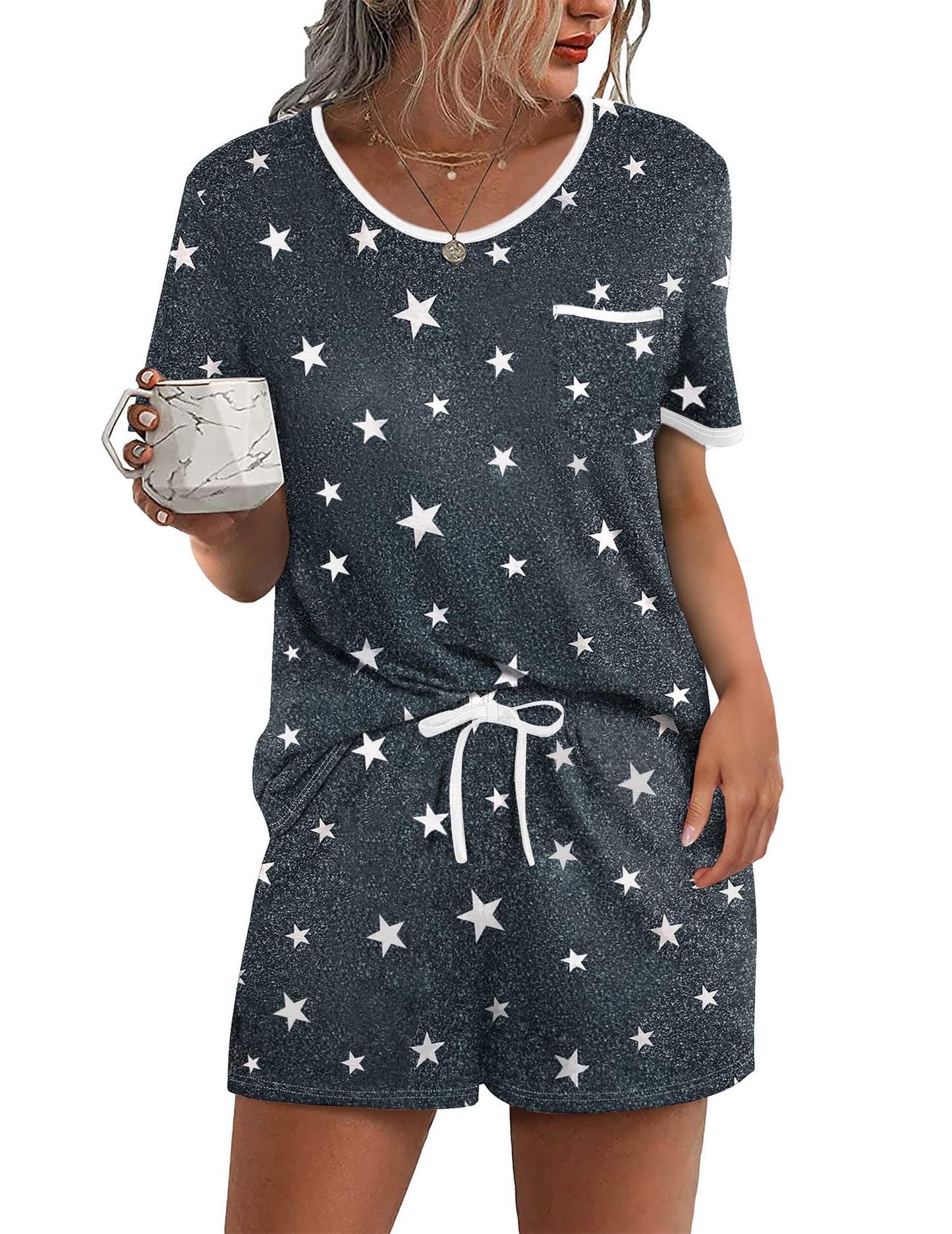 Pajama Set for 2 Piece Lounge Set Short Sleeve Tops and Shorts Soft Sleepwear, Chest Pocket