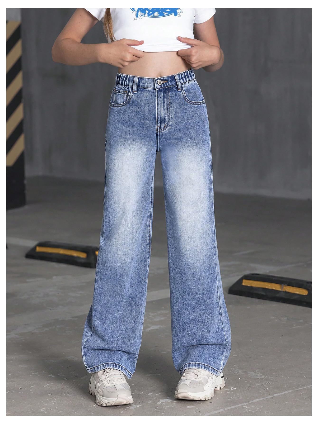 Girl's Bow Print Back Zipper Fly Elastic High Waist Denim Pants Basic Wide Leg Jeans