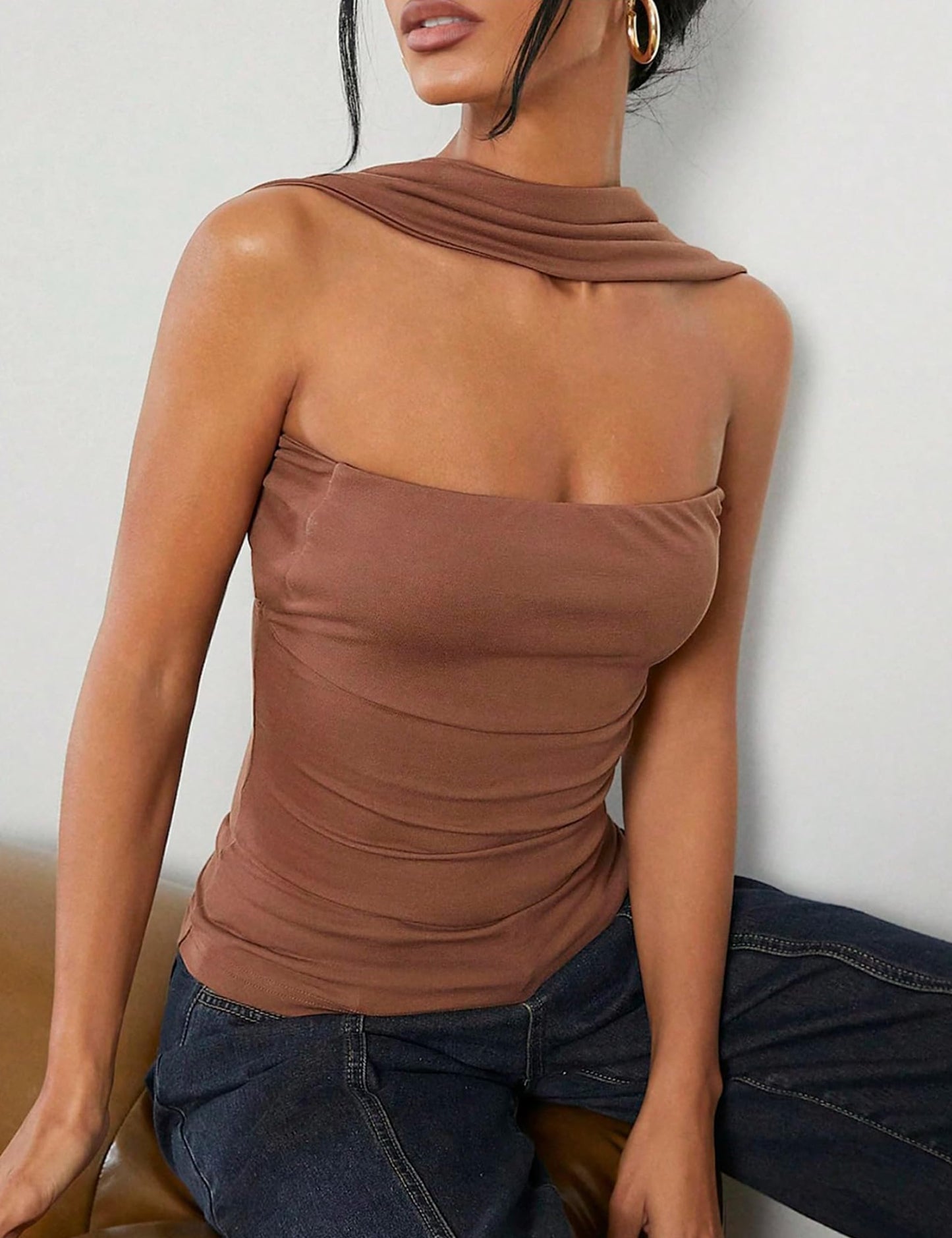 Ruched Strapless Halter Tube Top - Sexy Open Back Slim Fit Bandeau Shirt Sleeveless Off Shoulder