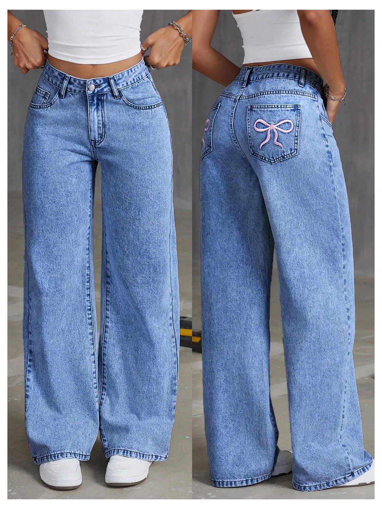 Women's Bowknot Embroidery Jeans - Y2k Straight Leg Boyfriend Denim Pants