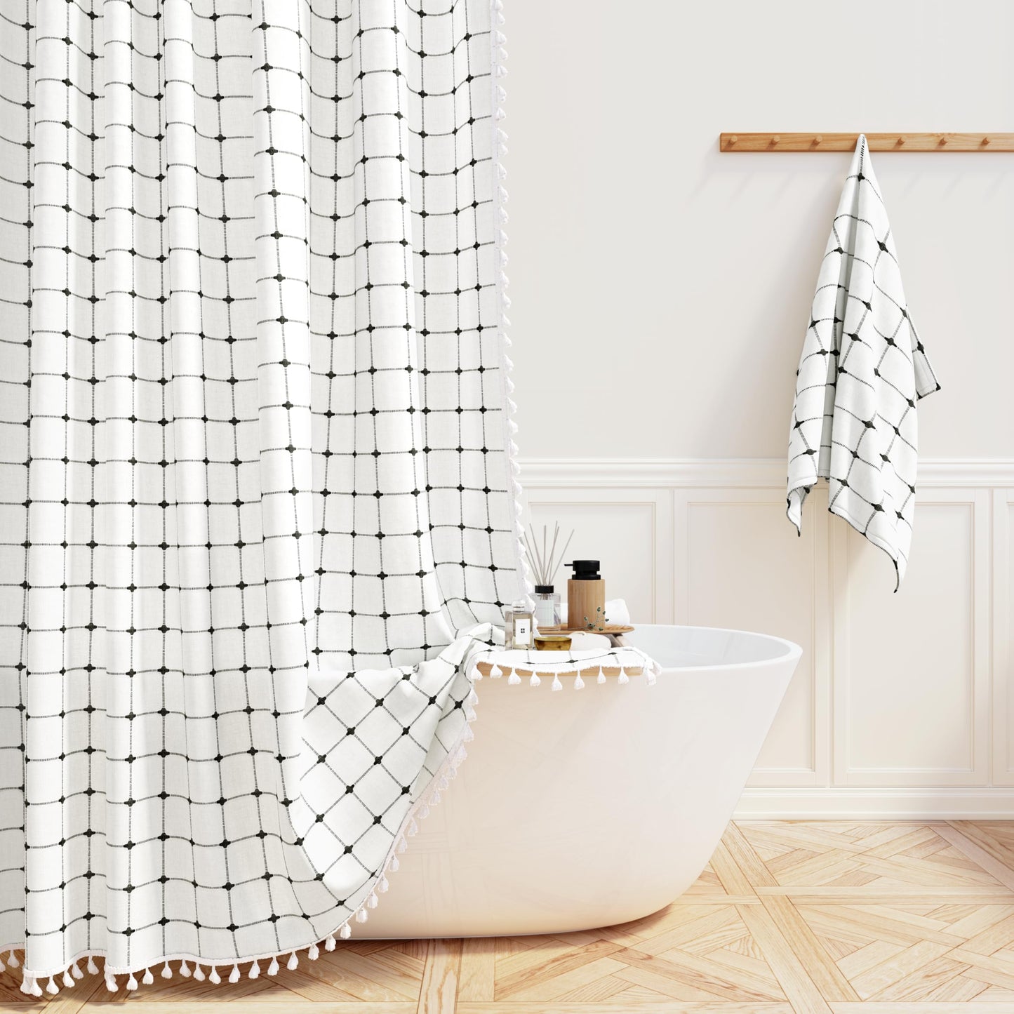 Farmhouse Vintage Boho Shower Curtain - Linen Rustic Heavy Duty Fabric with Tassel, Water Repellent, 72x72