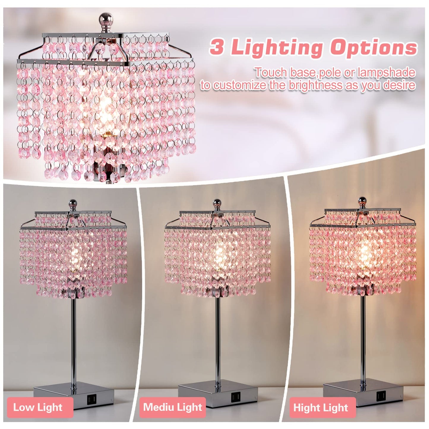 Luvkczc Set of 2 Bedside Pink Crystal Table Lamp, Touch Control Crystal Lamp, 3-Way Dimmable Lamp with Crystal Shade for Bedroom, Girl Living Room, 6W B11 Bulb Included