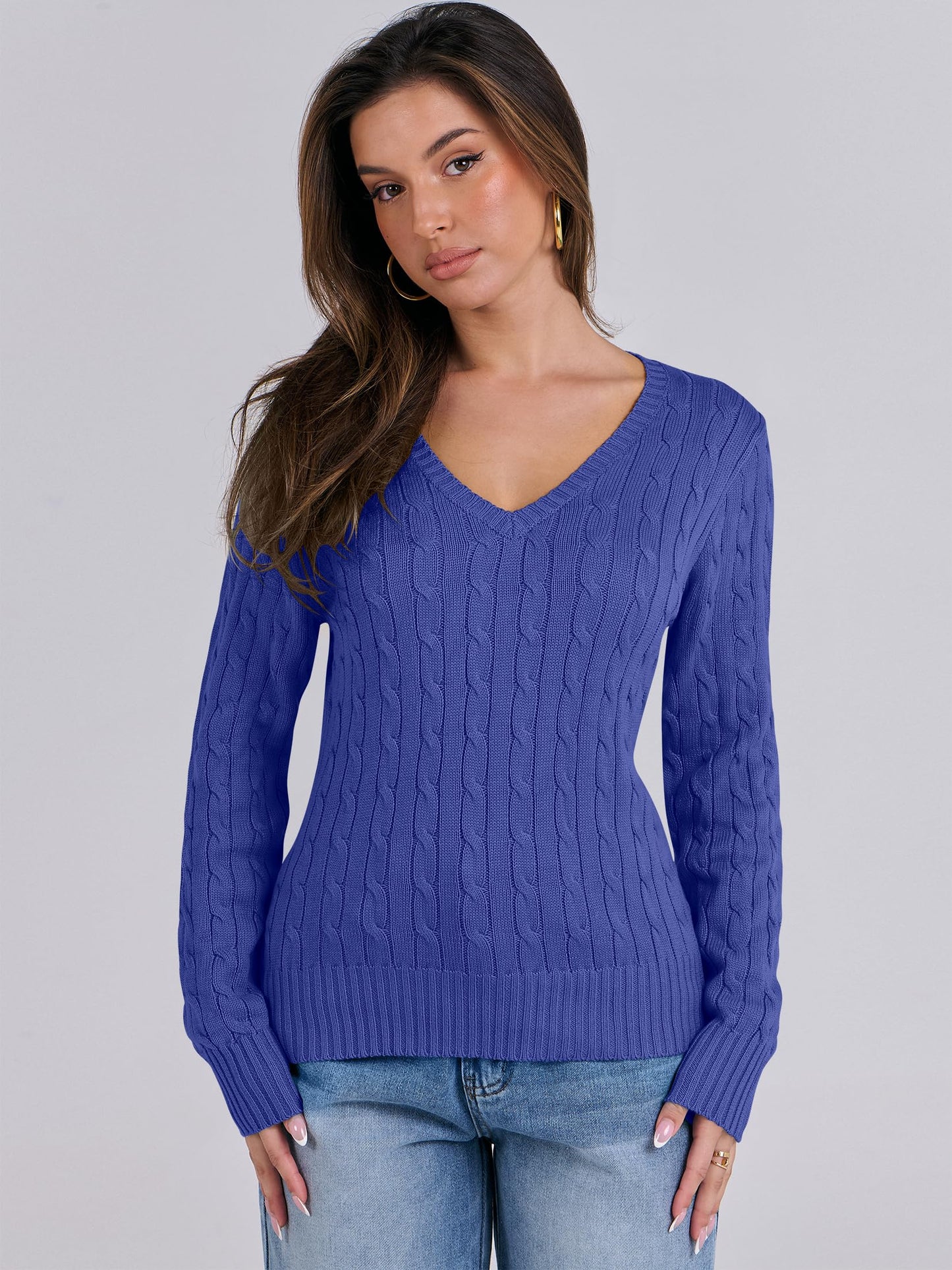 Women's Long Sleeve V Neck Cable Knit Sweater Jumper