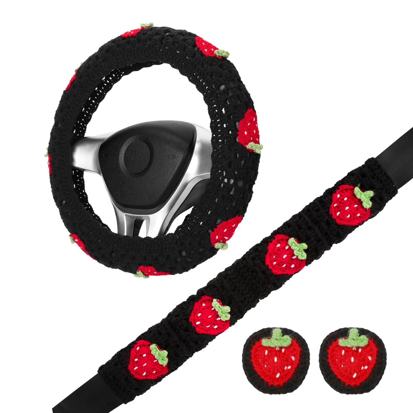 Pink Strawberry Granny Square Pattern - Crochet Steering Wheel Cover Set