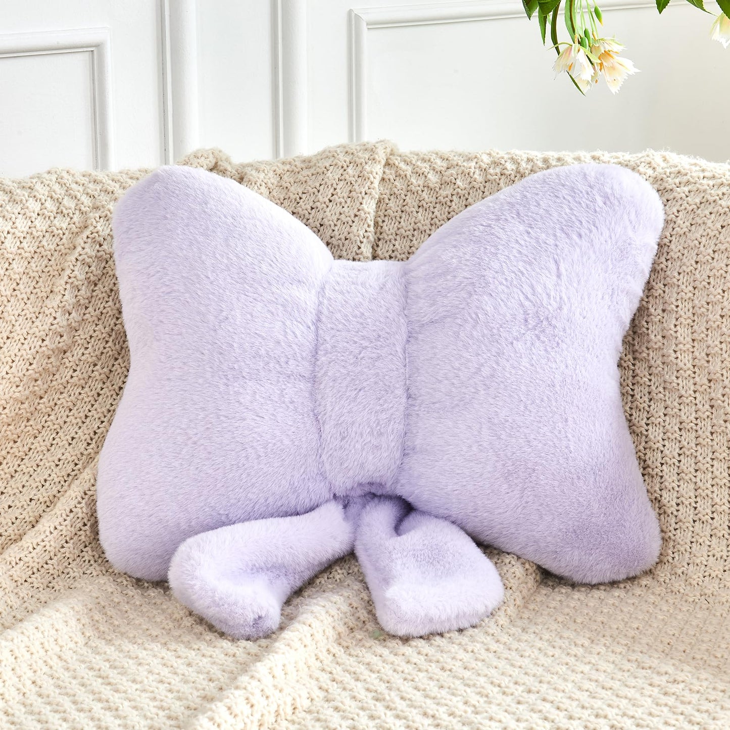 Bow Pillow, Soft Bow Decorative Pillows with Faux Rabbit Fur