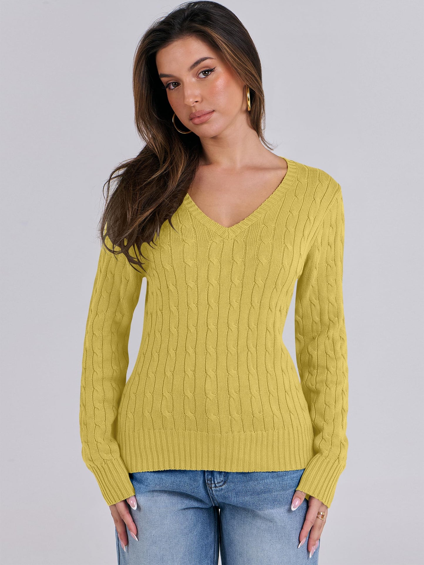 Women's Long Sleeve V Neck Cable Knit Sweater Jumper