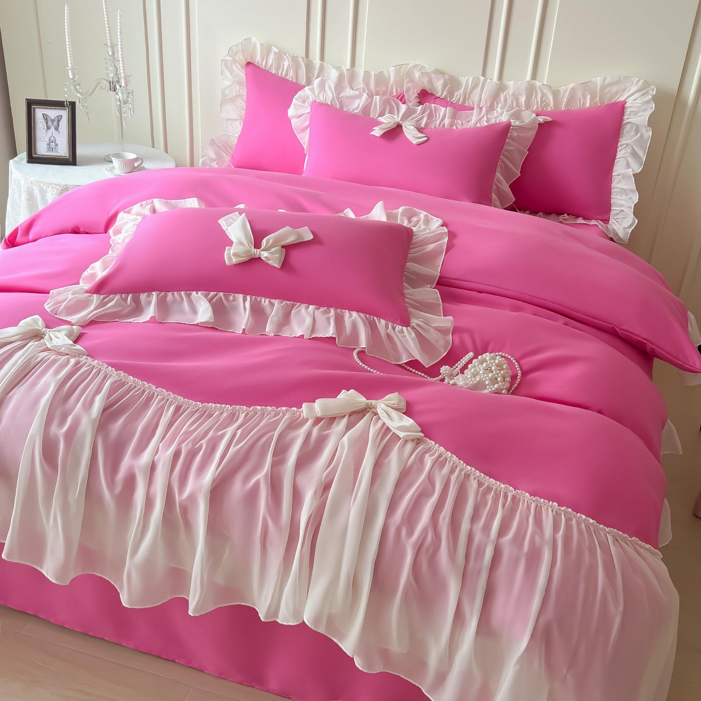 Princess Style Lace Bedding Comforter Cover Set, Chic Ruffled Duvet Cover with Lovely Bow, 1 Duvet Cover with 2 Pillowcases, No Comforter