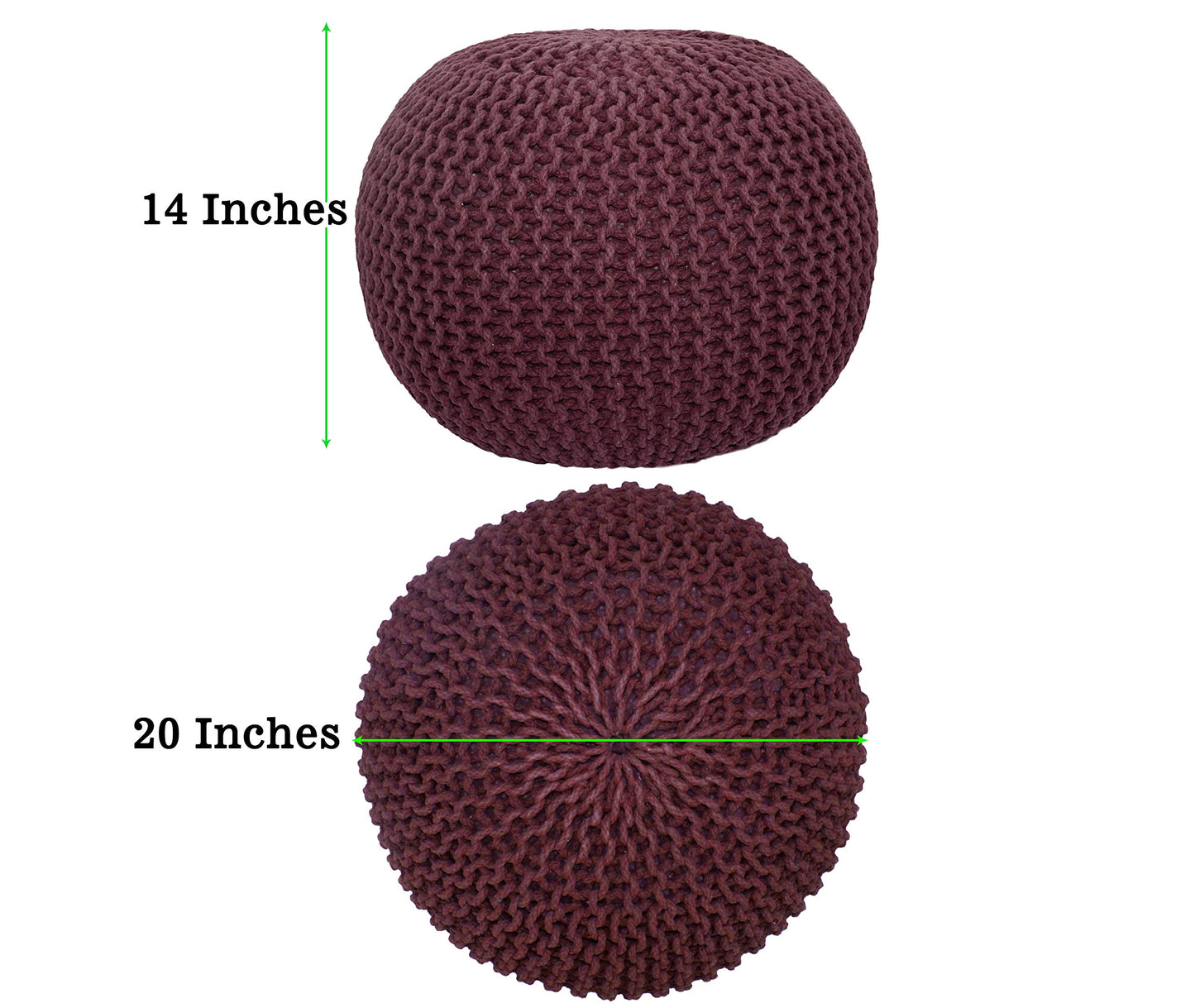 Hand-Knitted Cotton Round Pouf – Braid Cord Ottoman, Footrest, and Accent Seat for Living Room, Nursery, Kids Room, or Dorm Décor – 20x14