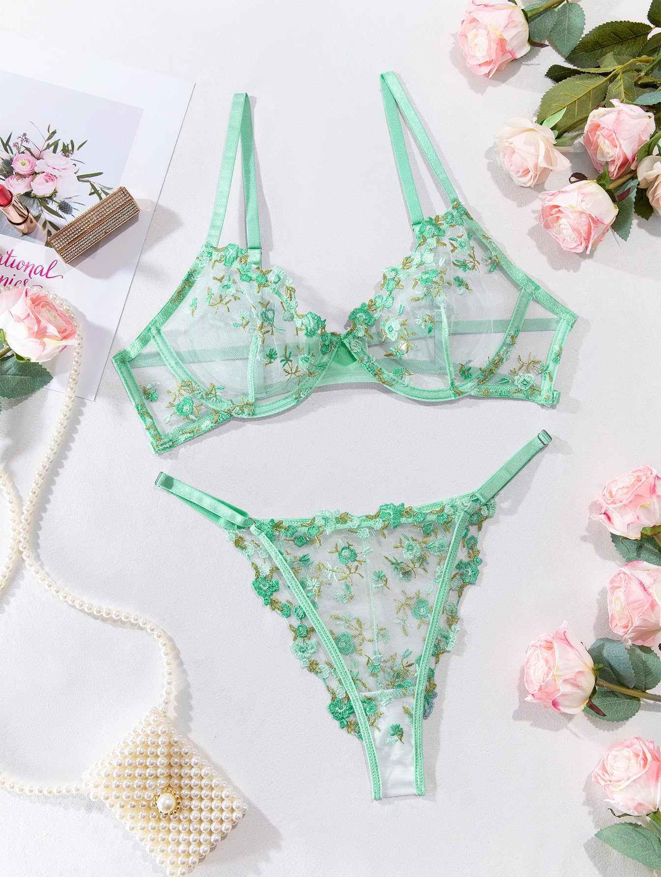 Sexy Floral Embroidered Mesh Sheer Underwire Lingerie Set