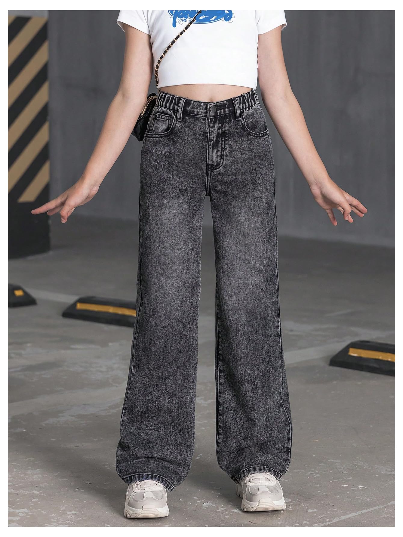 Girl's Bow Print Back Zipper Fly Elastic High Waist Denim Pants Basic Wide Leg Jeans