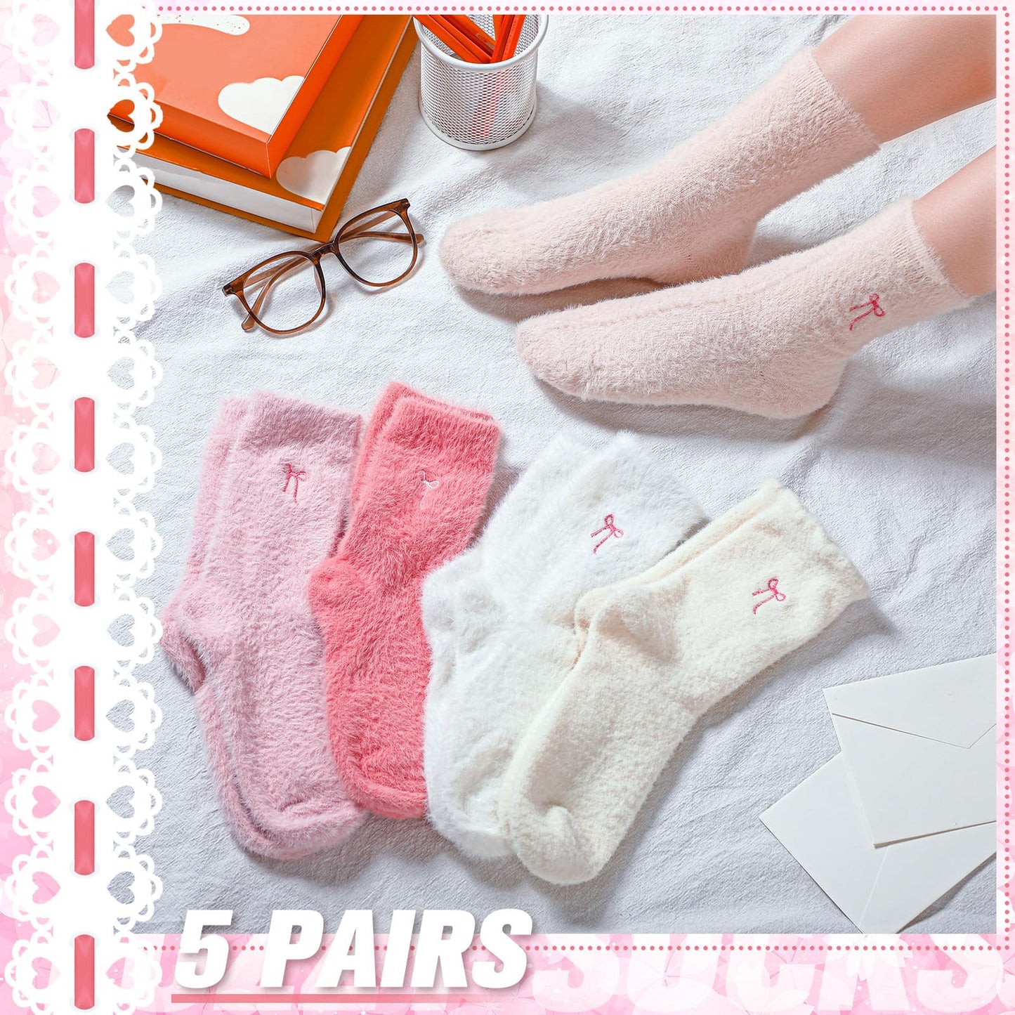 Women's Bow Fuzzy Socks Winter Crew Slipper Socks Coquette 5 Pcs