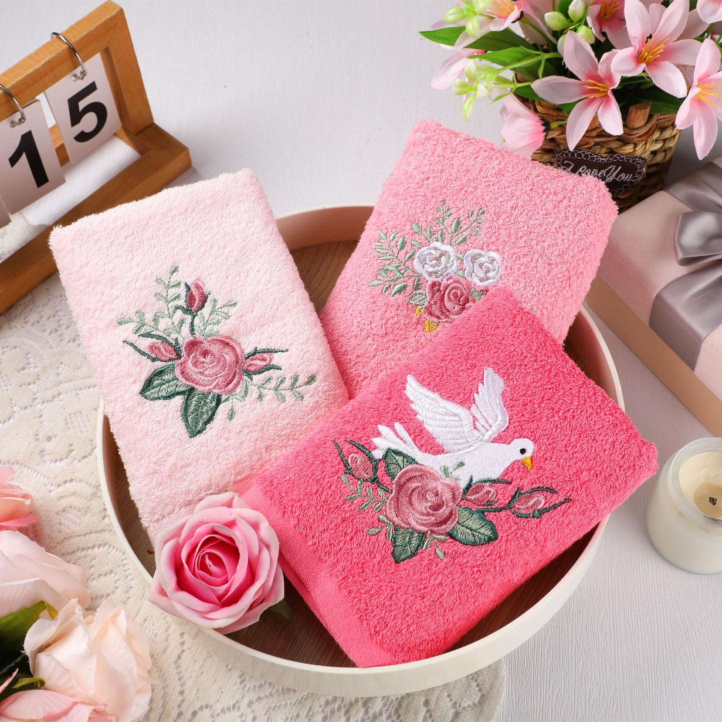 Embroidered Floral Hand Towels - Cute Summer Flowers Cotton Soft Absorbent Towels