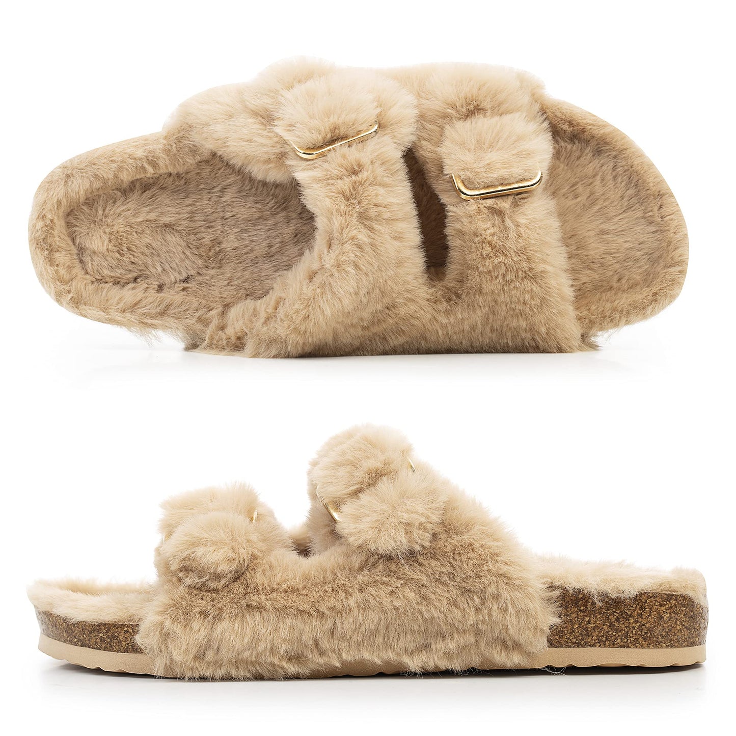 Womens Open Toe Slipper with Cozy Lining, Faux Fur Slide Sandals