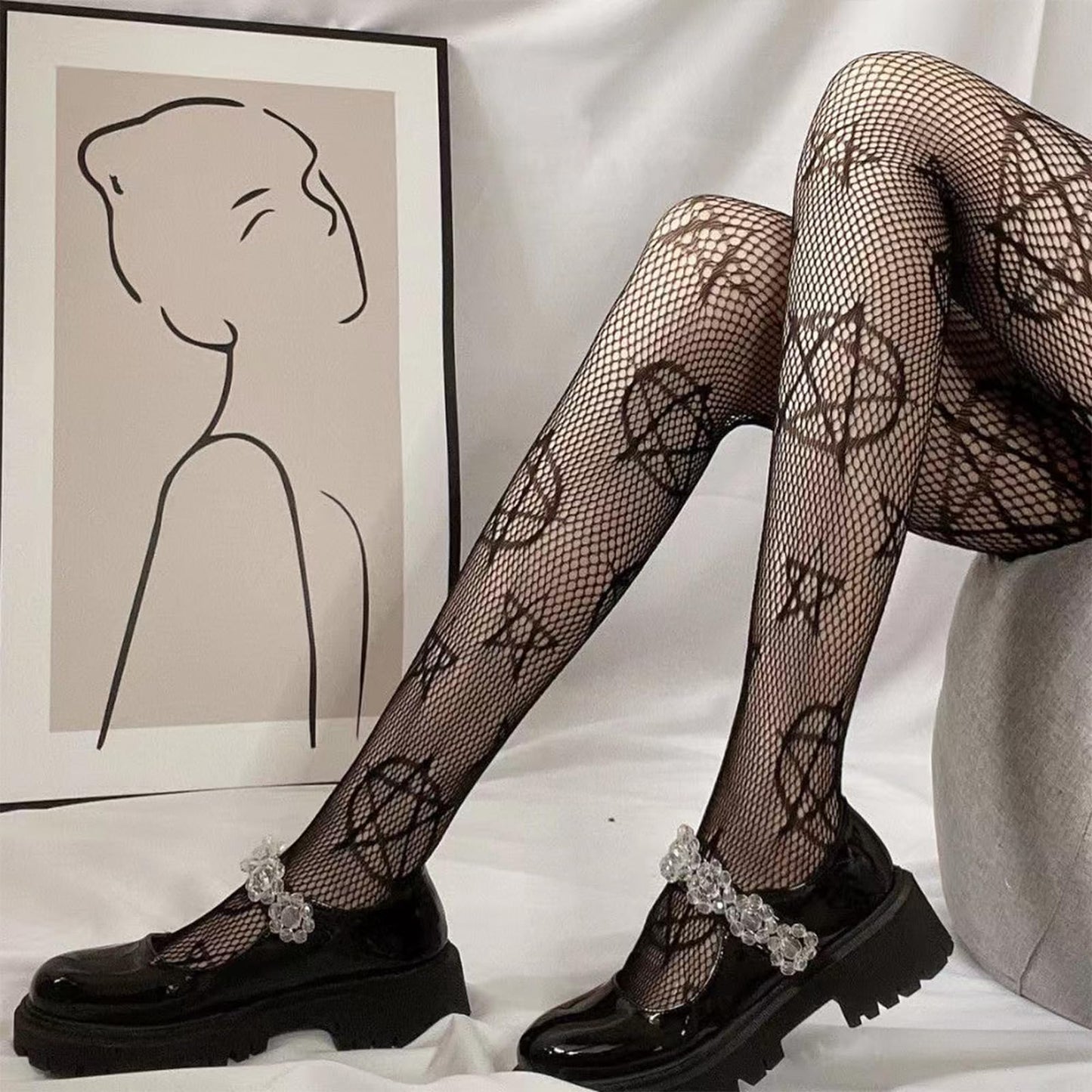 Women's Patterened Fishnet Tights - 2pcs High Waist Floral Fishnet Stocking