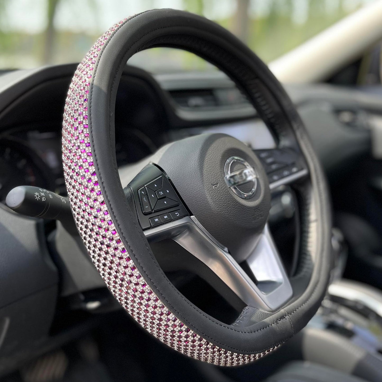 Universal Bling Bling Comfy Steering Wheel Cover with Jumbo Crystal Rhinestones, Anti-Slip Diamond Leather, 14.5-15 Inch