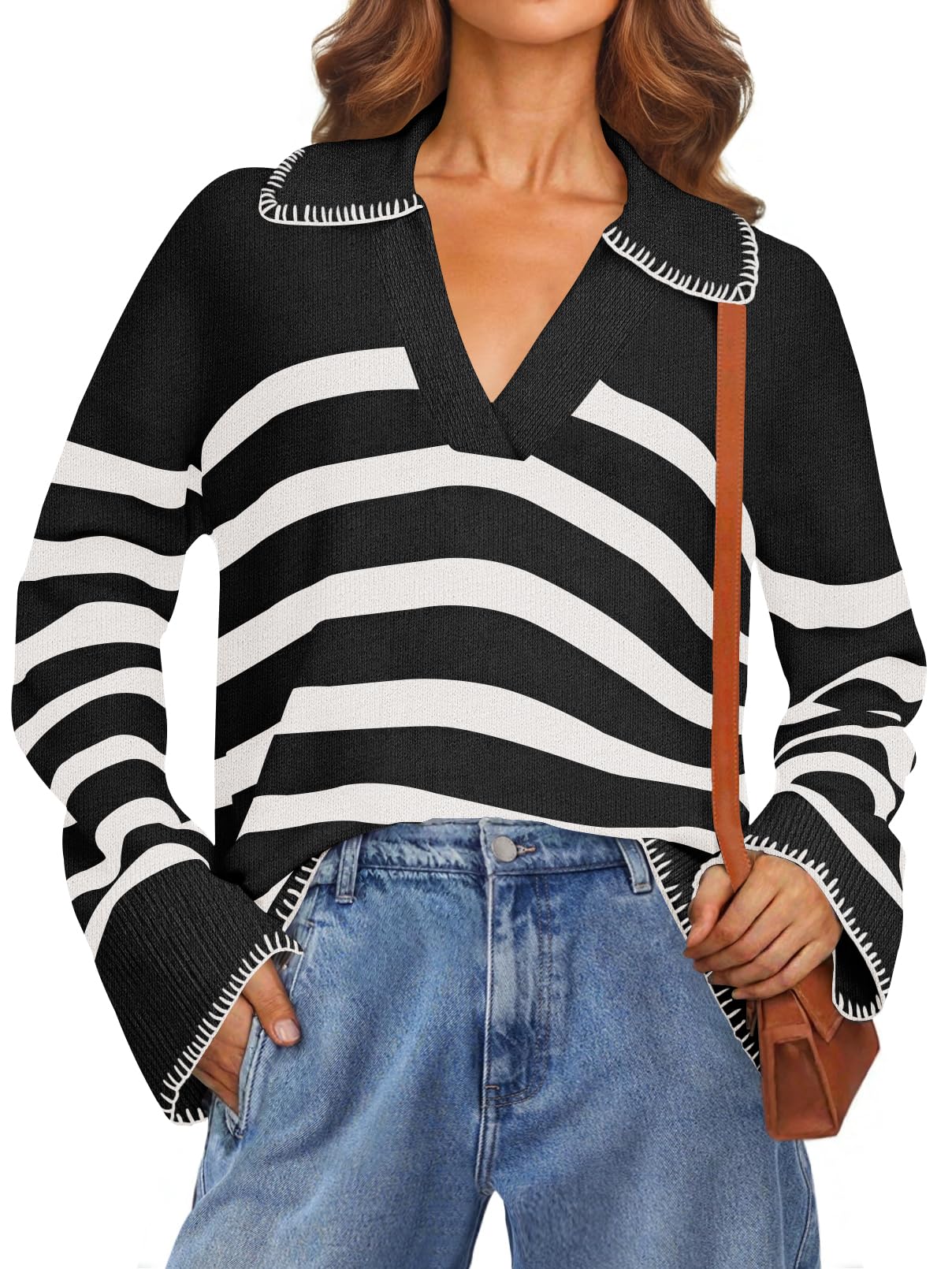 Women's Oversized Striped Sweater Collared V Neck Long Sleeve Knit Pullover