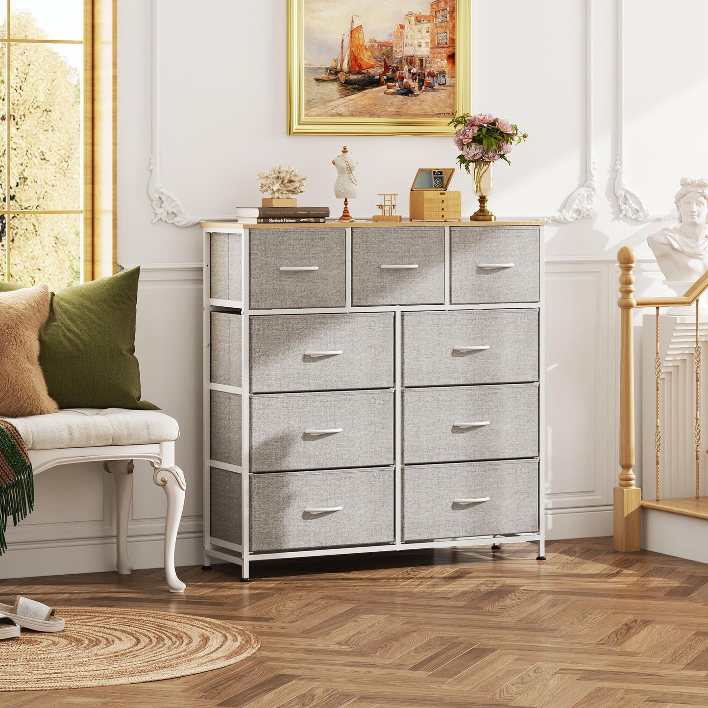 Drawer Fabric 9 Dresser – Tall Storage Tower with Bins, Steel Frame, and Wood Top