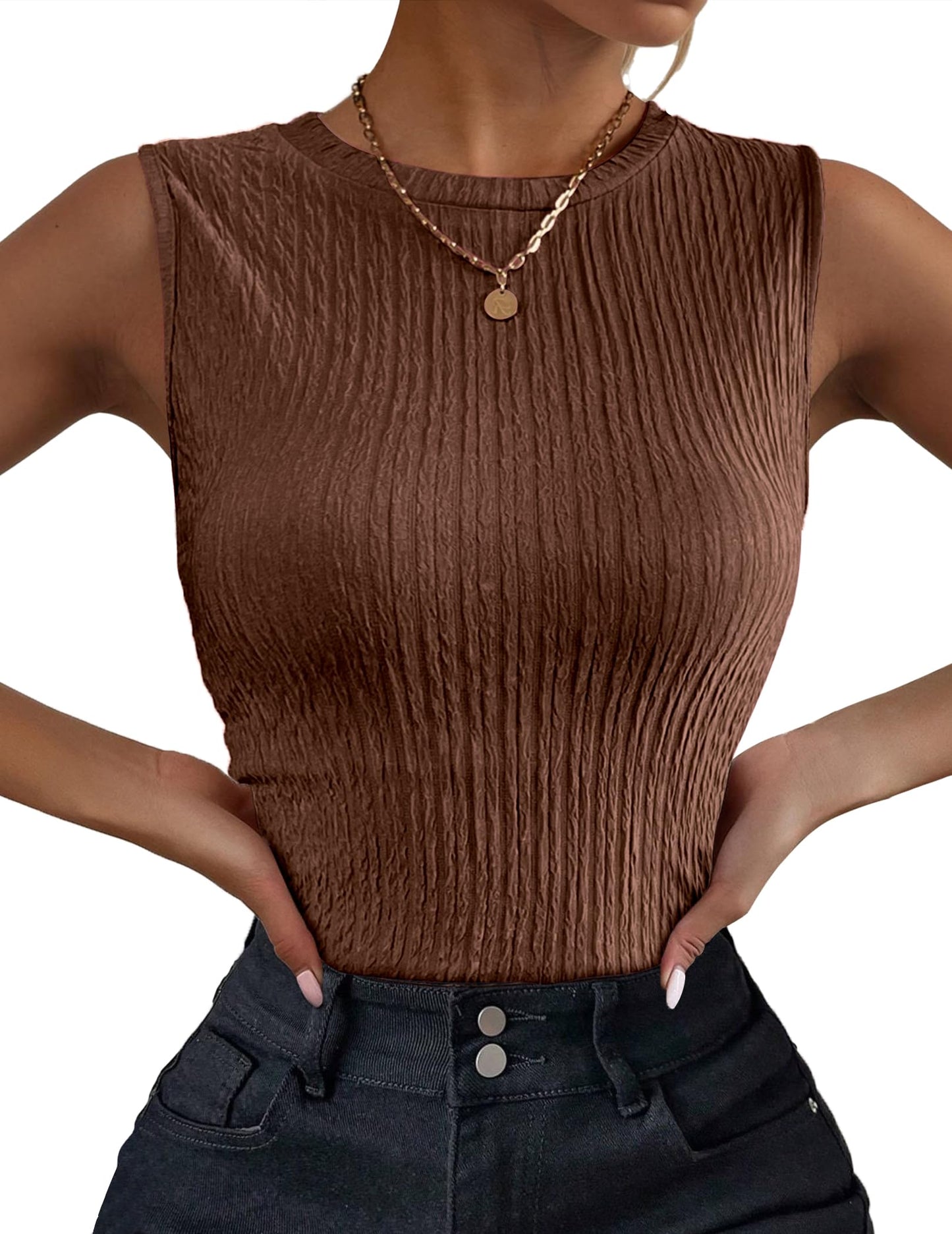 Women's High Neck Tank Top Ribbed Knit Slim Fitted Basic Textured Sleeveless Shirts